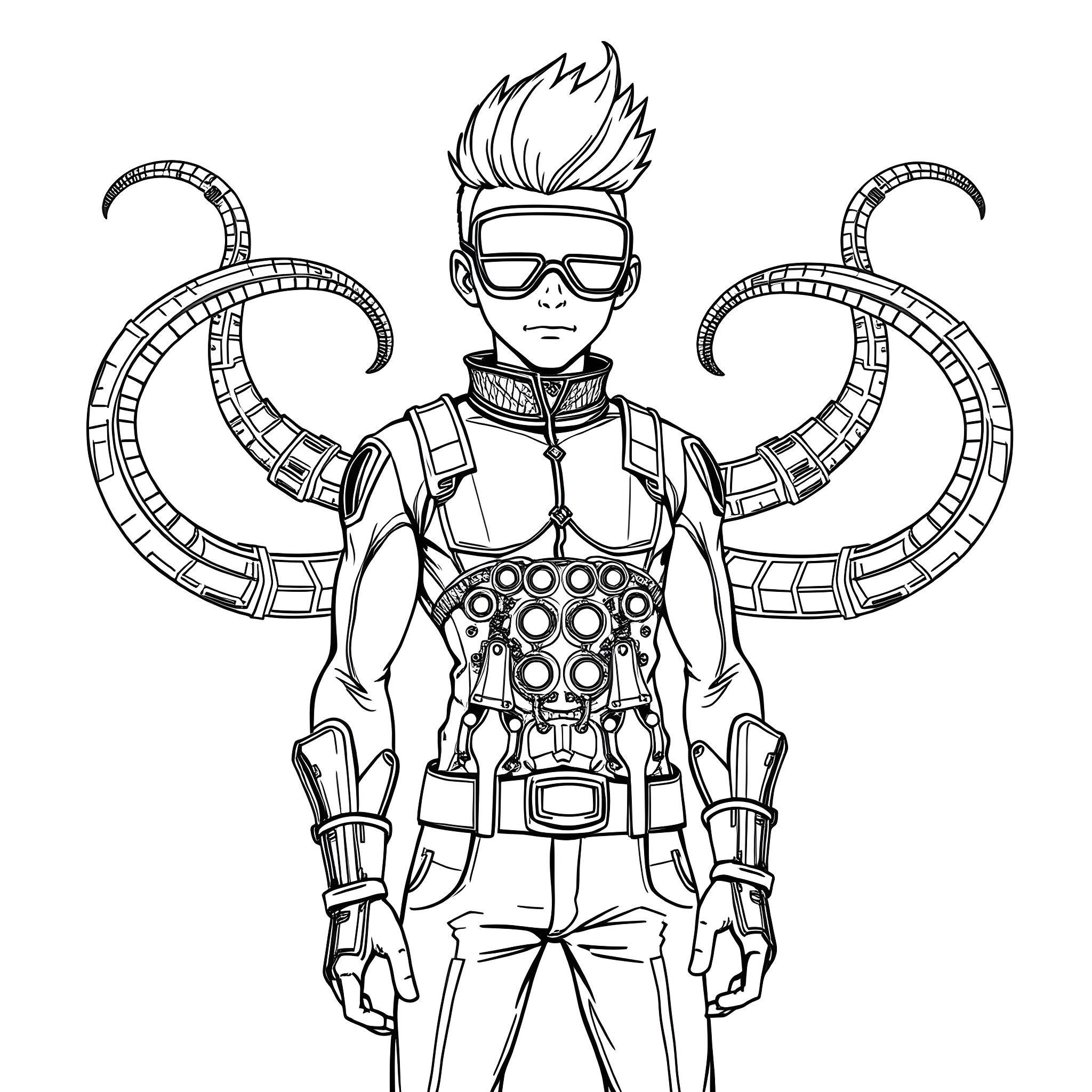 Man in futuristic costume with mechanical tentacles Coloring Page (free black-and-white line drawing printable PDF for all, from beginners to advanced learners, including children, teens, adults, and seniors)