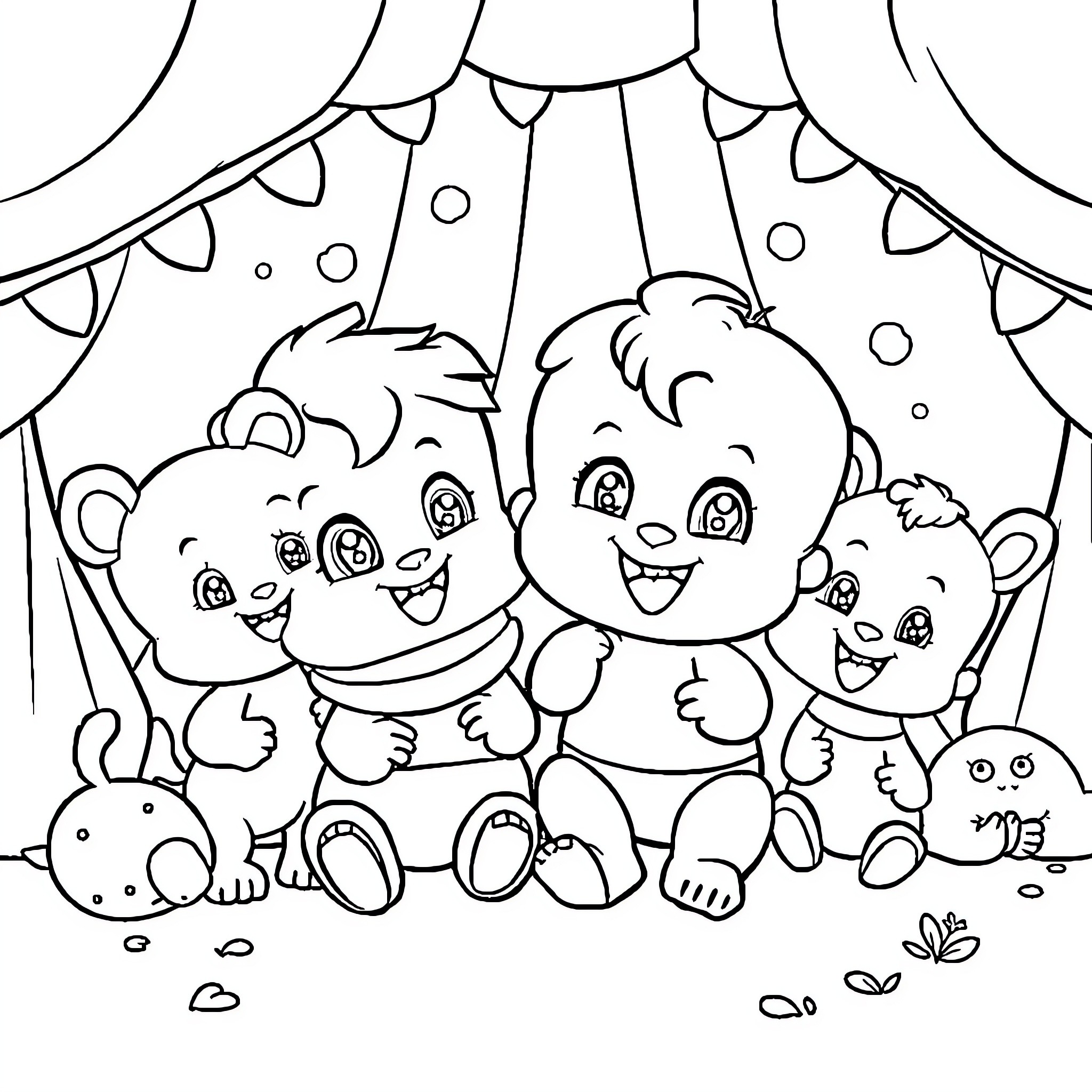 Cartoon Teddy Bears Playing Happily in a Cozy Scene Coloring Page (free black-and-white line drawing printable PDF for all, from beginners to advanced learners, including children, teens, adults, and seniors)