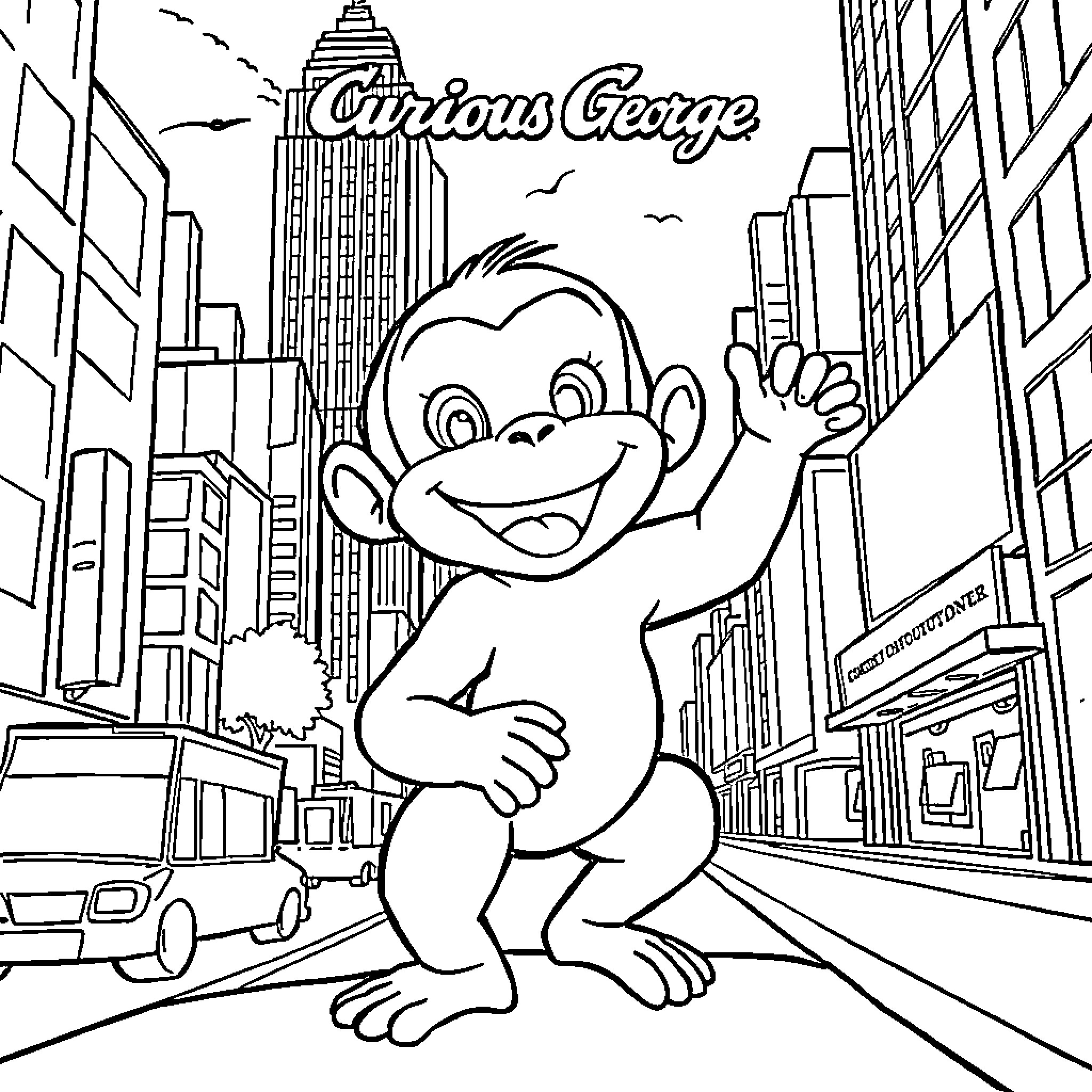 Curious George's Adventure in the City Coloring Page (free black-and-white line drawing printable PDF for all, from beginners to advanced learners, including children, teens, adults, and seniors)