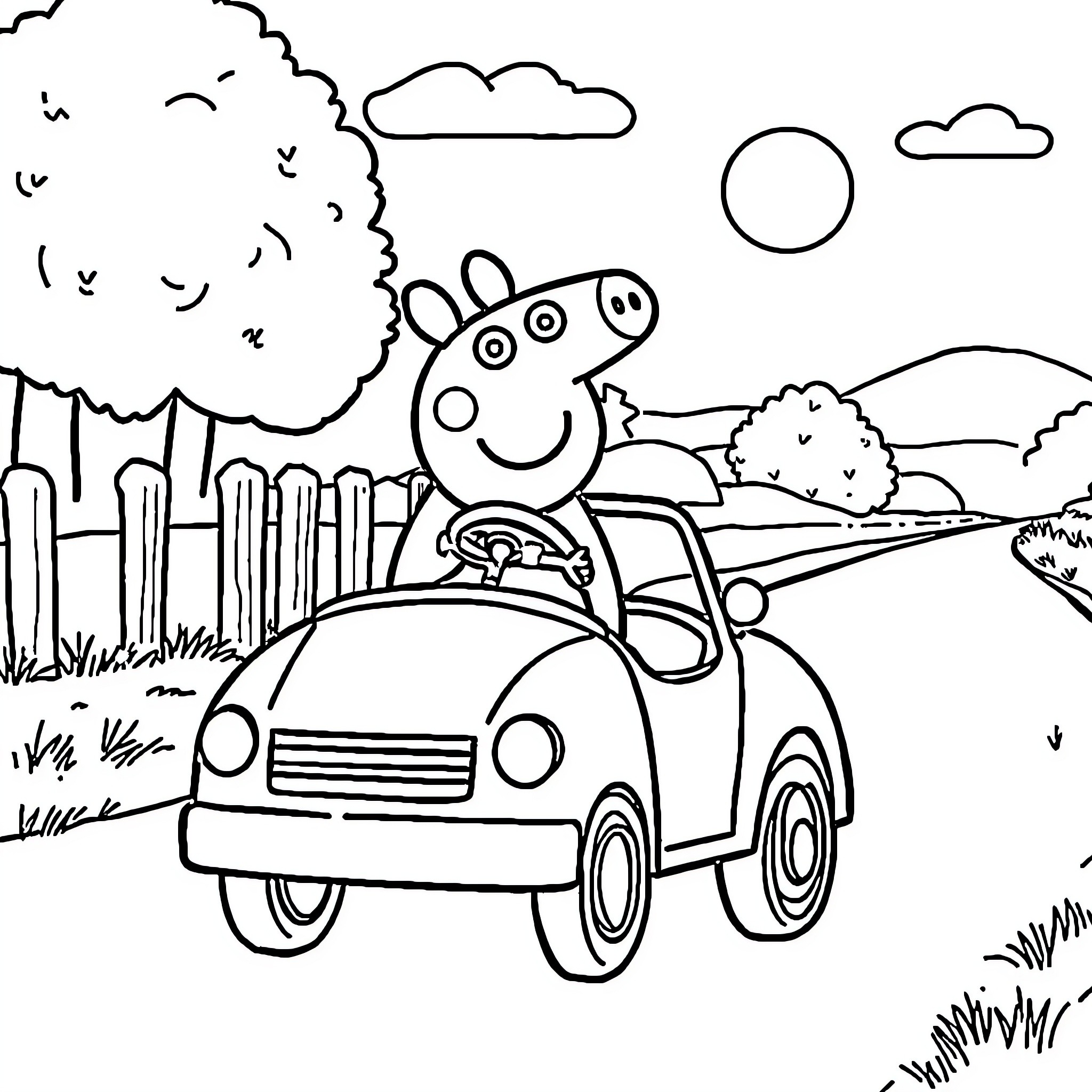 Peppa Pig driving happily in a car through the countryside Coloring Page (free black-and-white line drawing printable PDF for all, from beginners to advanced learners, including children, teens, adults, and seniors)