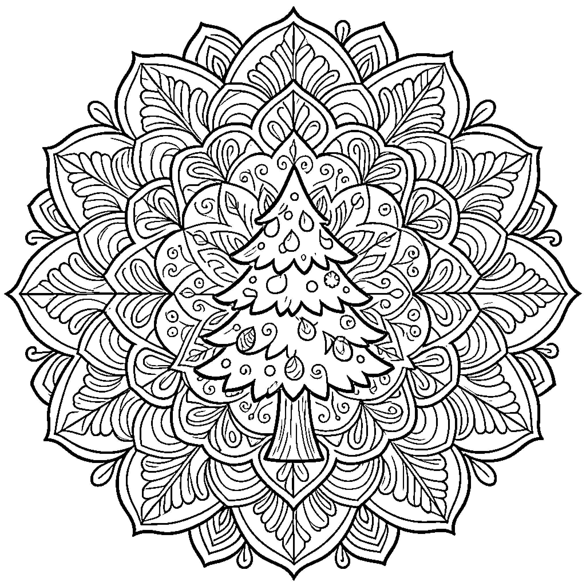 Pine Mandala with Intricate Floral Patterns Coloring Page (free black-and-white line drawing printable PDF for all, from beginners to advanced learners, including children, teens, adults, and seniors)