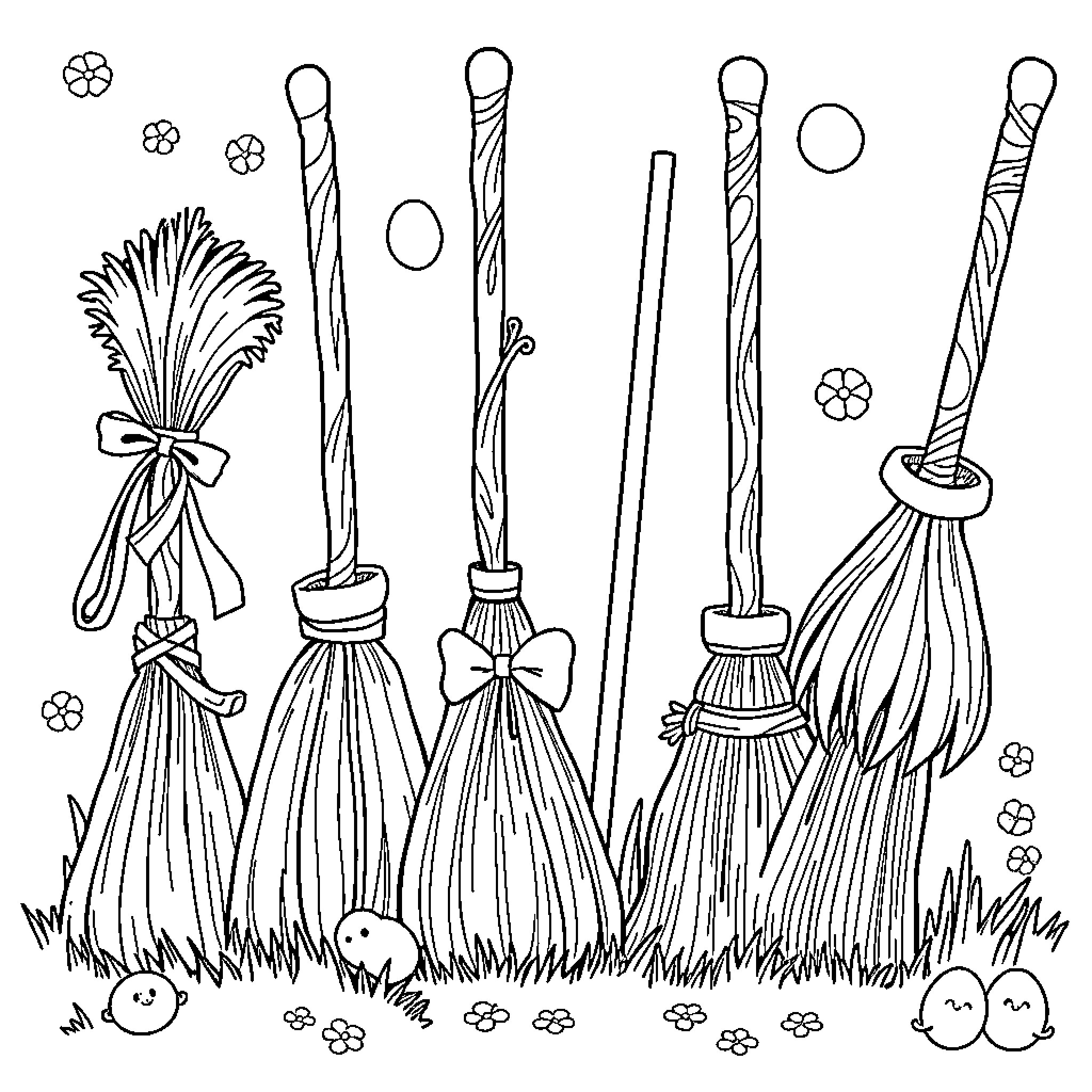 Broom Bouquet: Whimsical Cleaning Tools in a Field Coloring Page (free black-and-white line drawing printable PDF for all, from beginners to advanced learners, including children, teens, adults, and seniors)