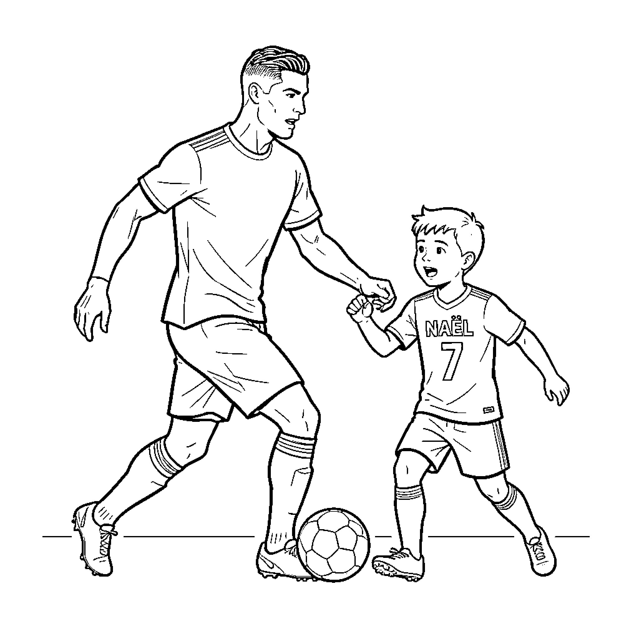 Cristiano Ronaldo playing soccer with a young boy Coloring Page (free black-and-white line drawing printable PDF for all, from beginners to advanced learners, including children, teens, adults, and seniors)