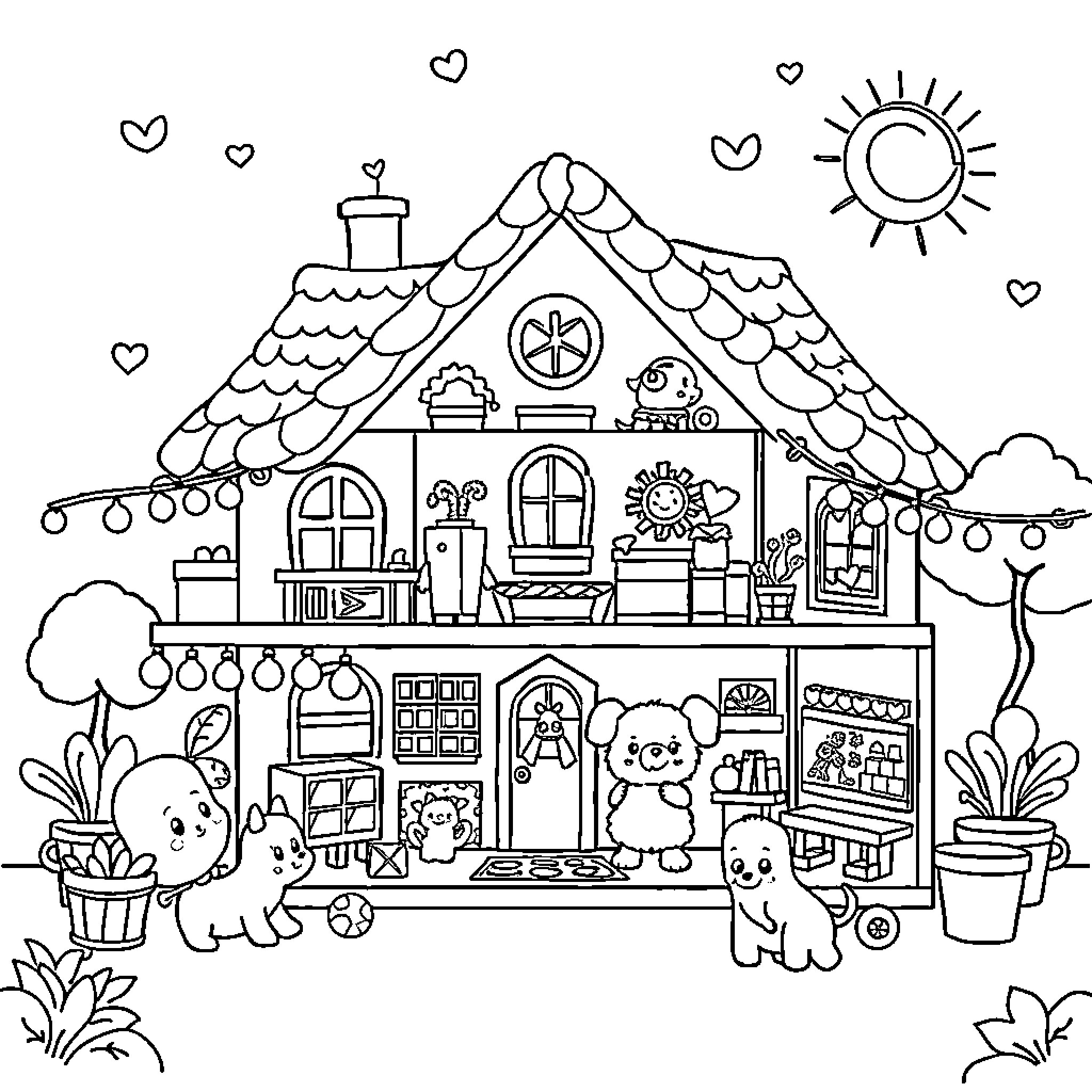Doll house with cute animal characters Coloring Page (free black-and-white line drawing printable PDF for all, from beginners to advanced learners, including children, teens, adults, and seniors)