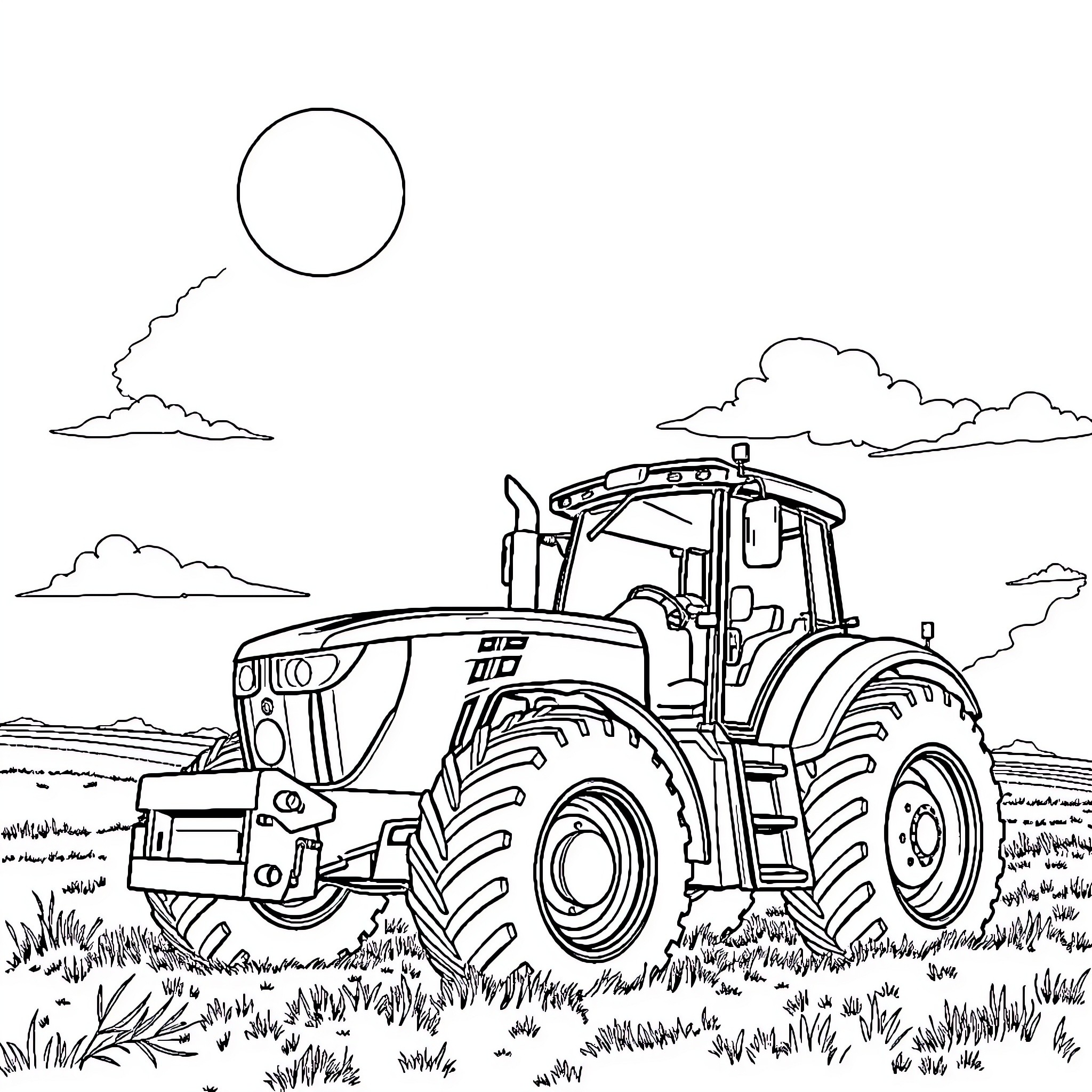 Tractor plowing through a field on a sunny day Coloring Page (free black-and-white line drawing printable PDF for all, from beginners to advanced learners, including children, teens, adults, and seniors)
