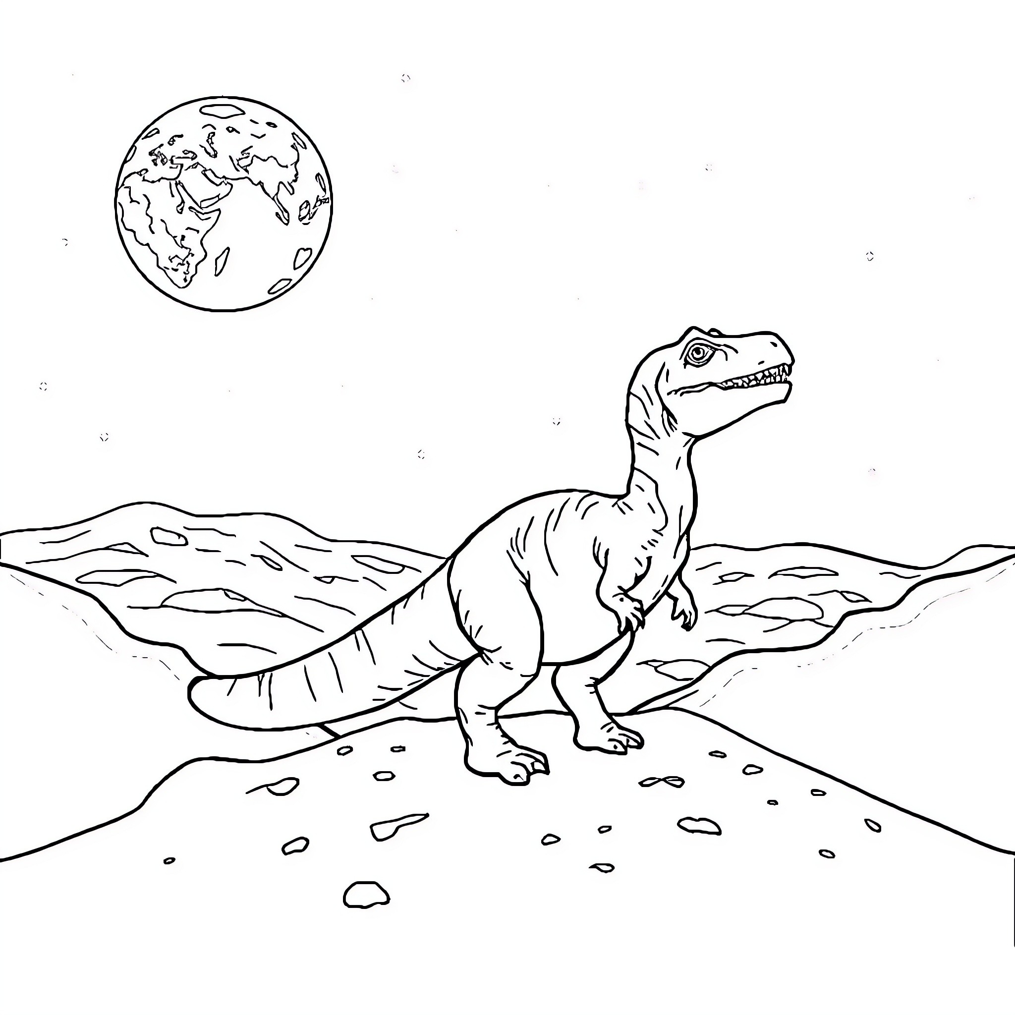 Dinosaur exploring the moonlit landscape Coloring Page (free black-and-white line drawing printable PDF for all, from beginners to advanced learners, including children, teens, adults, and seniors)