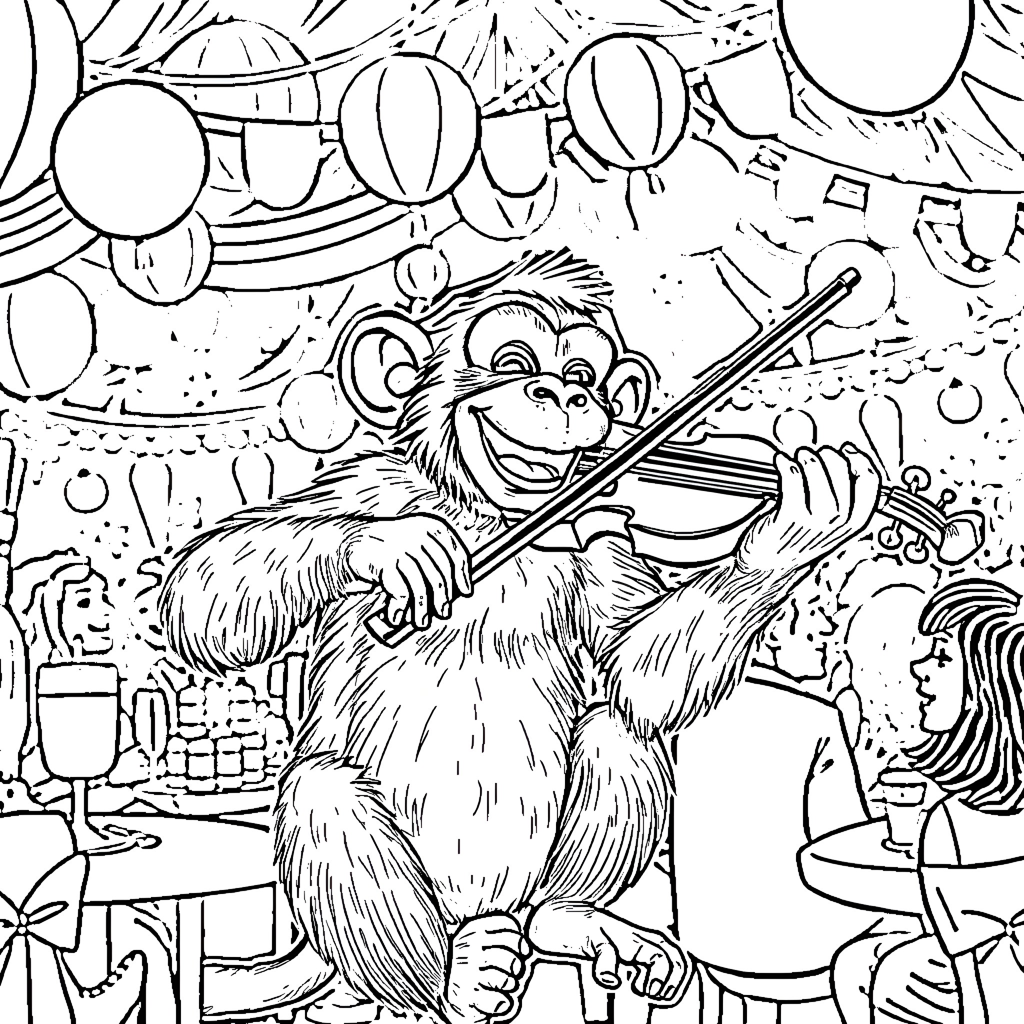 Monkey playing the violin in a festive party Coloring Page (free black-and-white line drawing printable PDF for all, from beginners to advanced learners, including children, teens, adults, and seniors)
