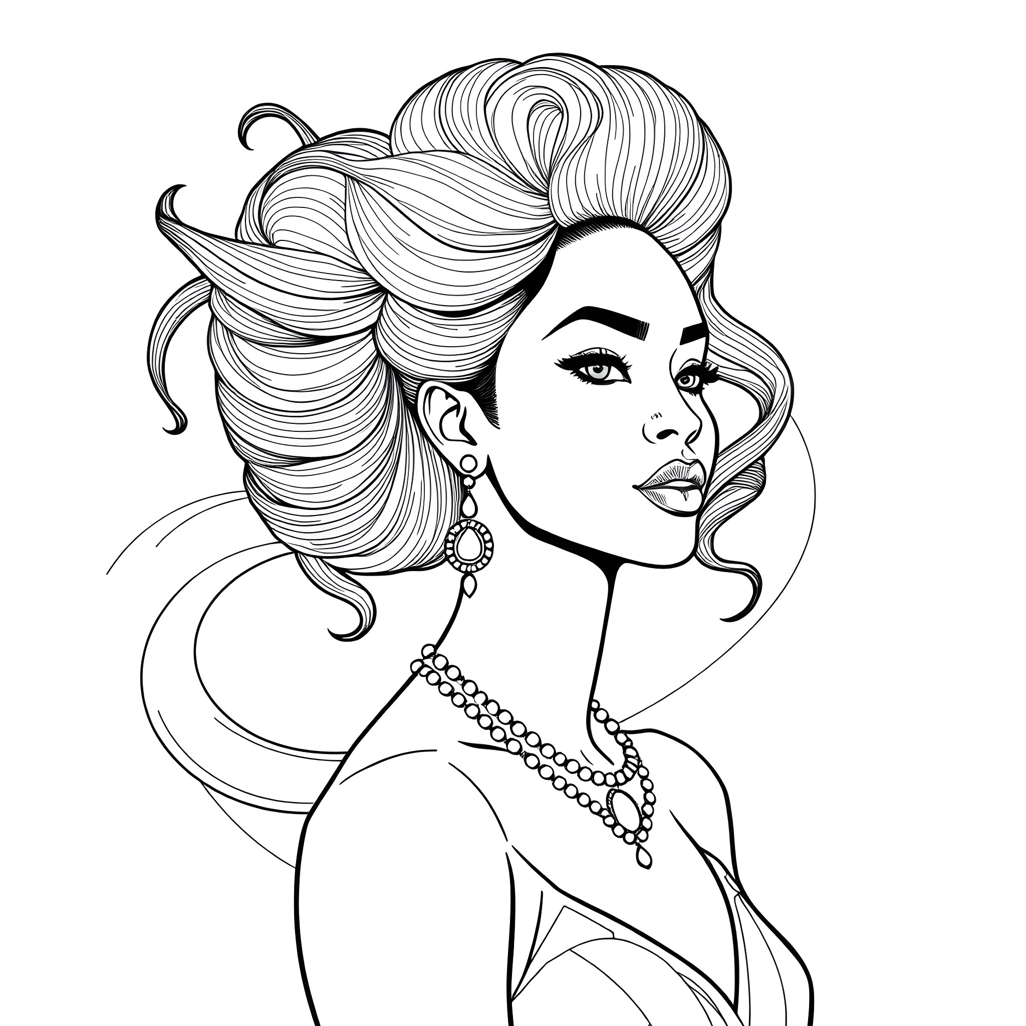 Woman with intricate hairstyle and elegant jewelry Coloring Page (free black-and-white line drawing printable PDF for all, from beginners to advanced learners, including children, teens, adults, and seniors)