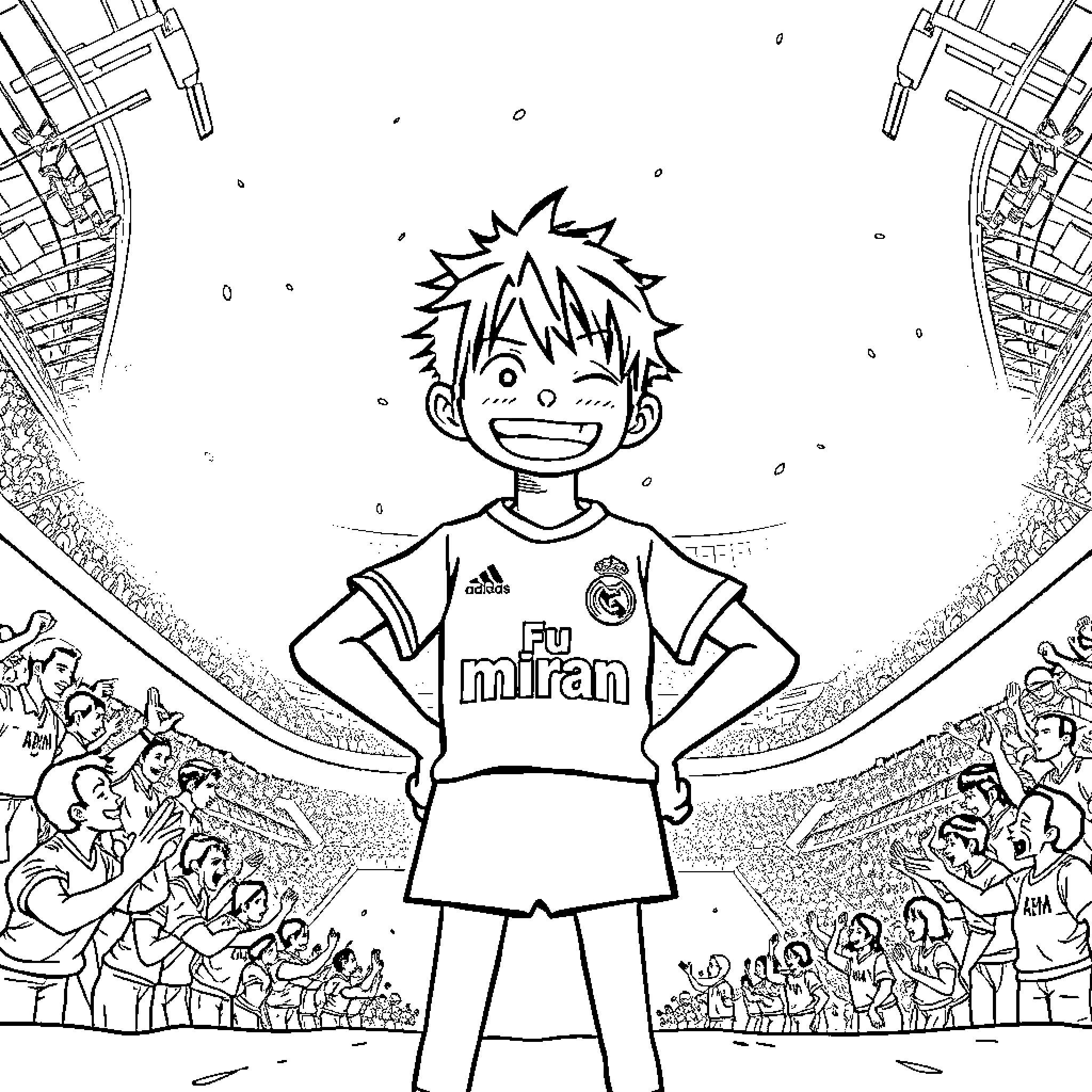 Luffy excitedly celebrating victory on the soccer field Coloring Page (free black-and-white line drawing printable PDF for all, from beginners to advanced learners, including children, teens, adults, and seniors)
