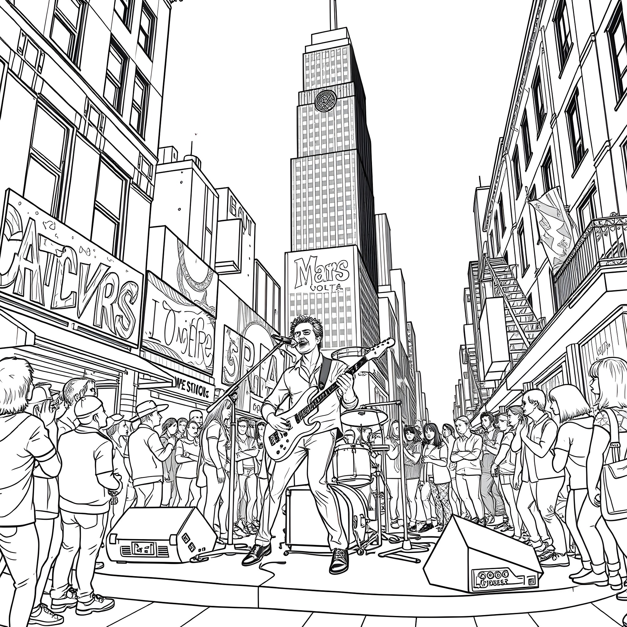 Mars Volta performing energetic rock show in Times Square Coloring Page (free black-and-white line drawing printable PDF for all, from beginners to advanced learners, including children, teens, adults, and seniors)