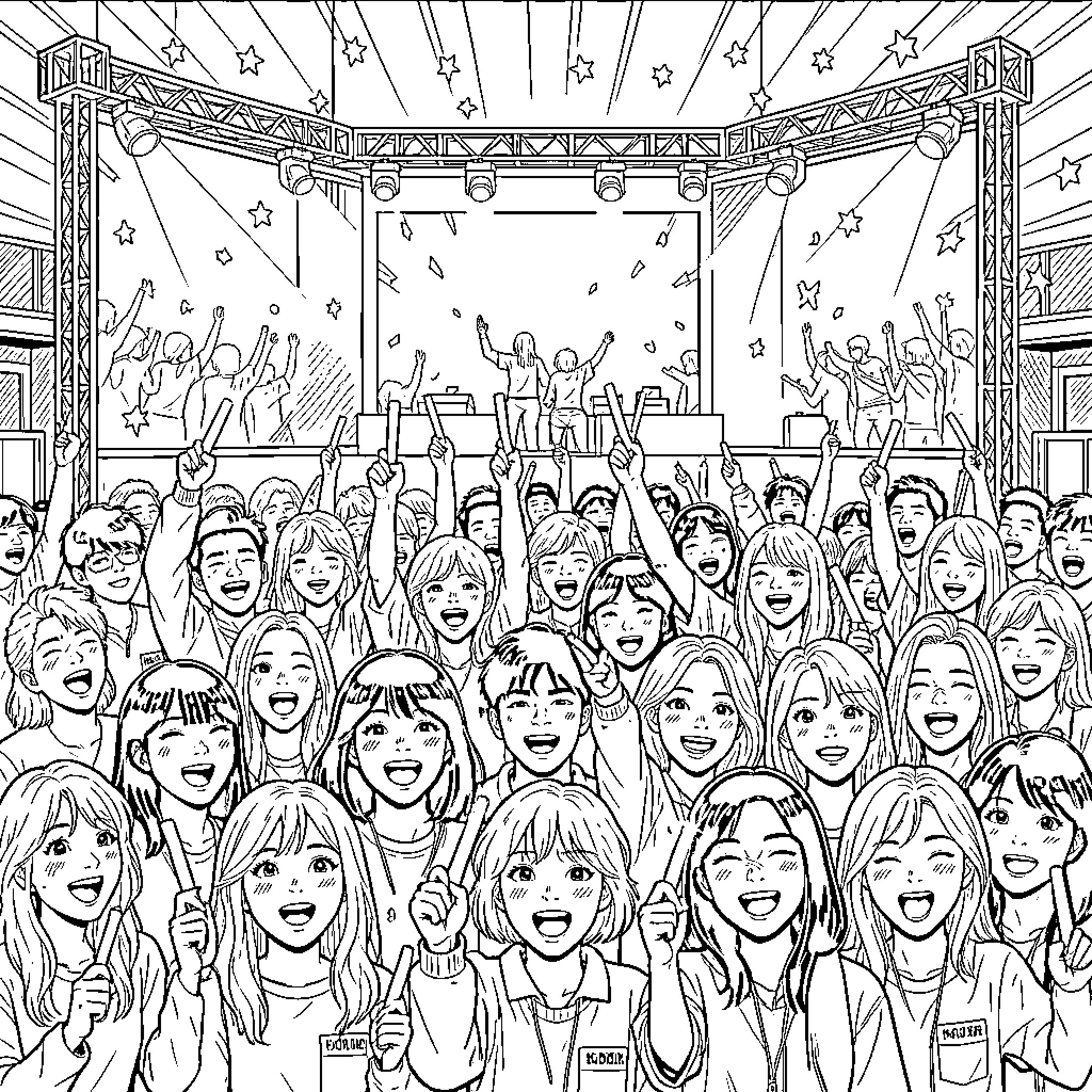 Kpop idols performing on stage for cheering fans Coloring Page (free black-and-white line drawing printable PDF for all, from beginners to advanced learners, including children, teens, adults, and seniors)