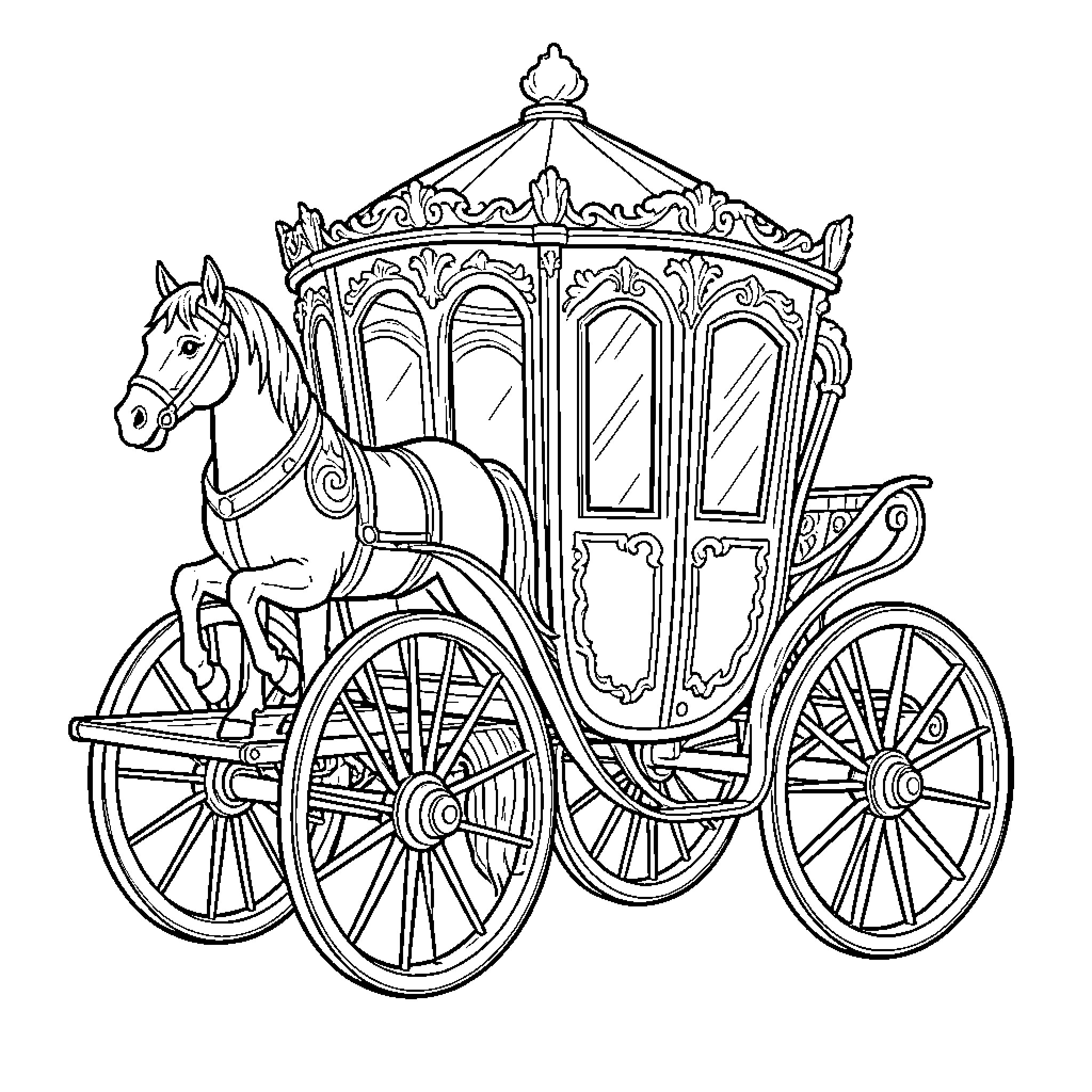 Carruaje with Ornate Carriage and Horse Coloring Page (free black-and-white line drawing printable PDF for all, from beginners to advanced learners, including children, teens, adults, and seniors)