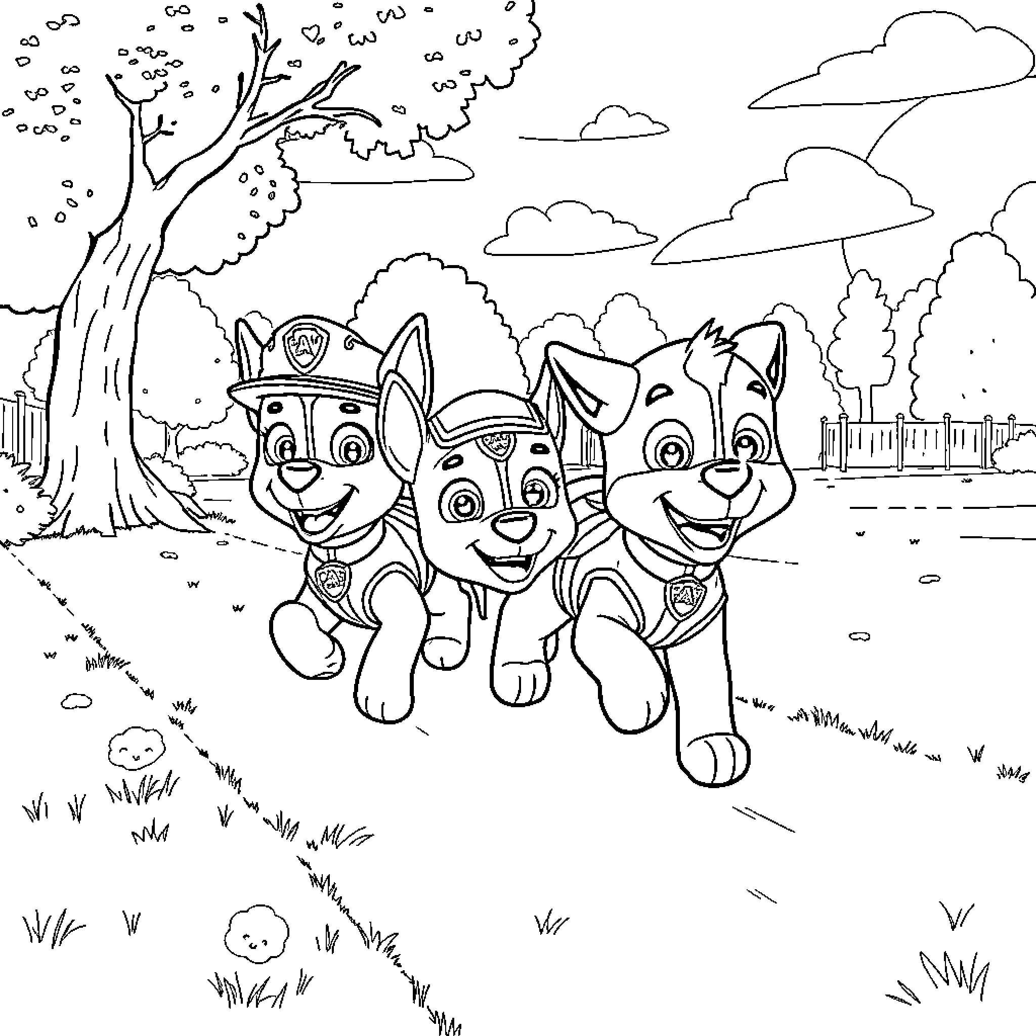 Paw Patrol characters running and smiling in a park Coloring Page (free black-and-white line drawing printable PDF for all, from beginners to advanced learners, including children, teens, adults, and seniors)