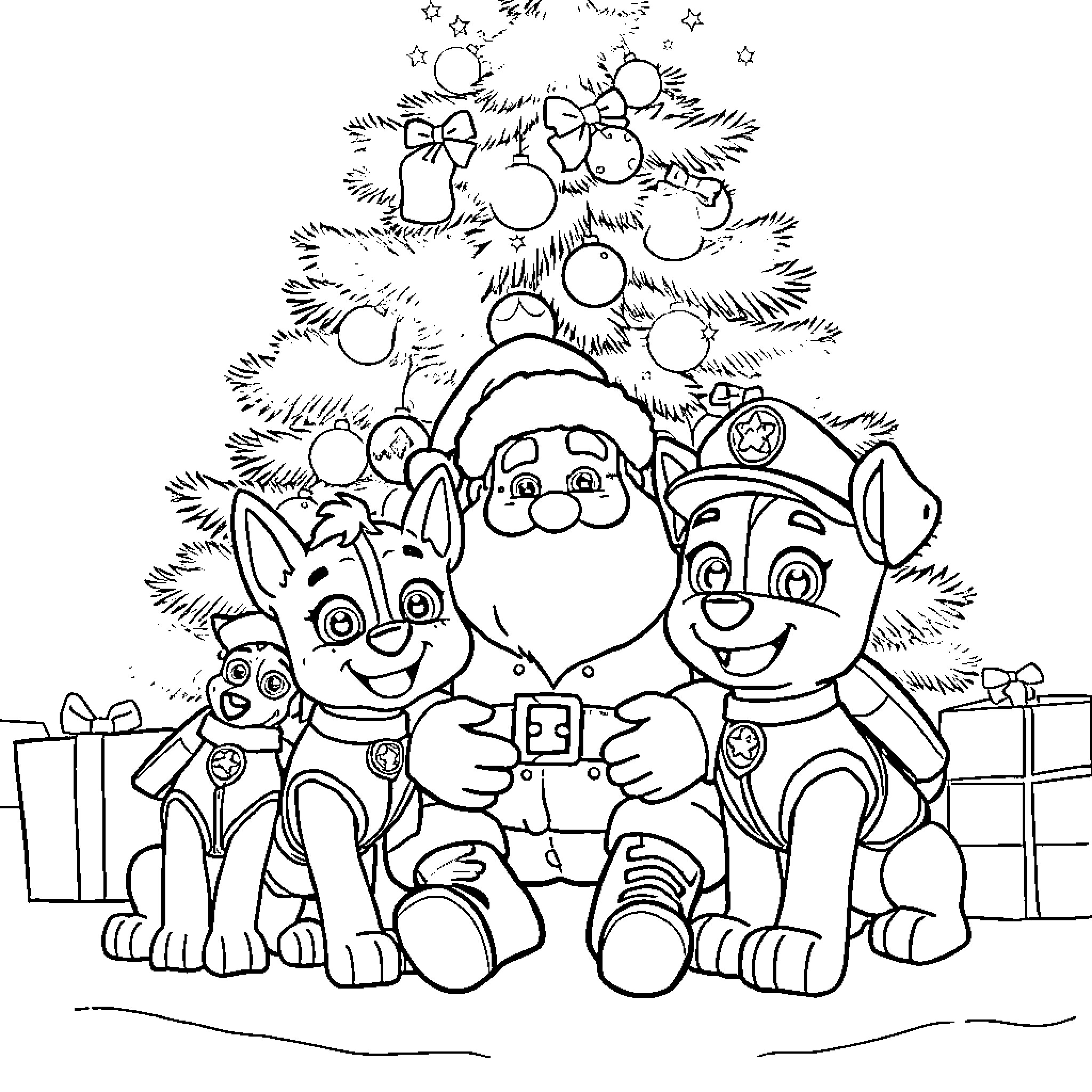 Paw Patrol Characters Celebrate Christmas Coloring Page (free black-and-white line drawing printable PDF for all, from beginners to advanced learners, including children, teens, adults, and seniors)