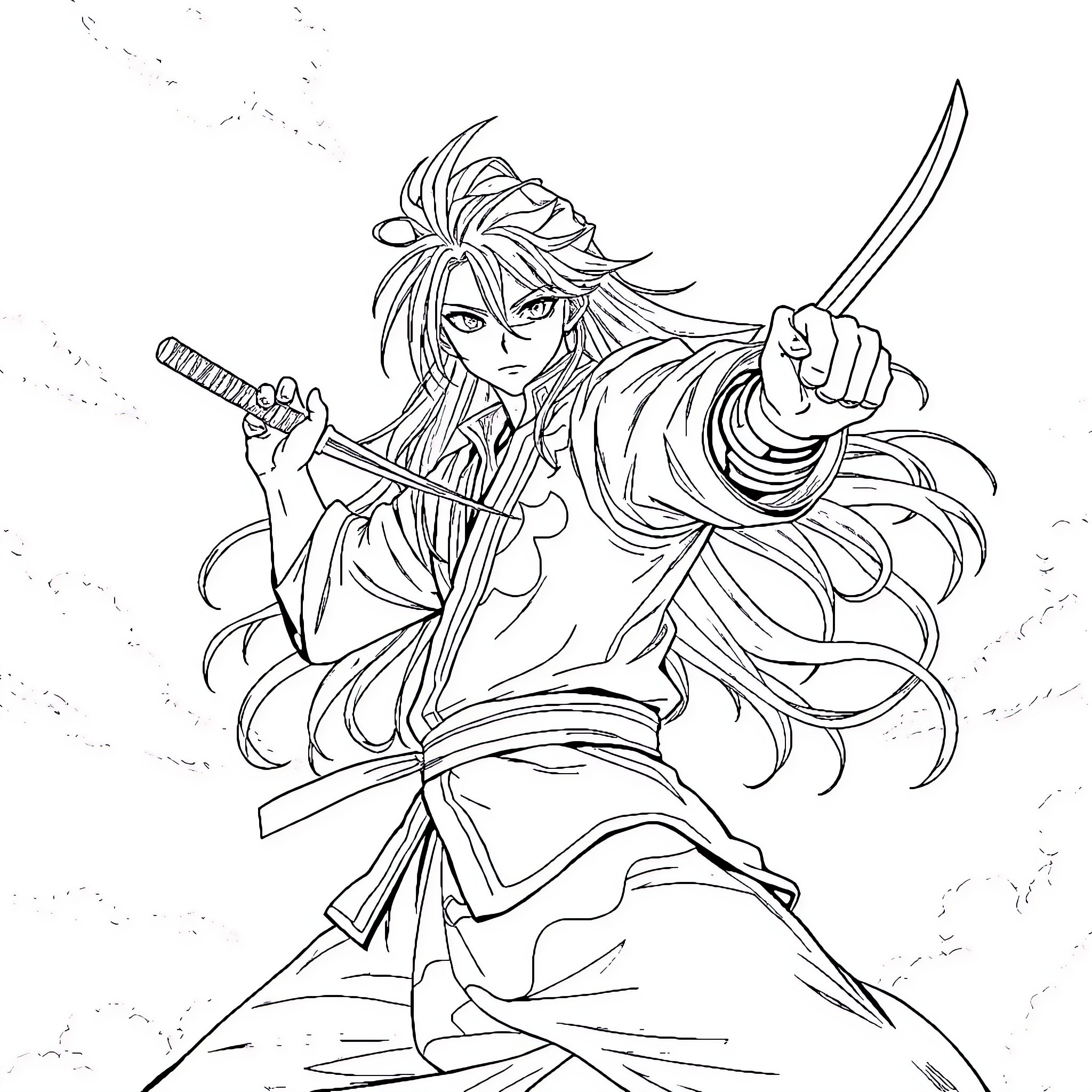 Anime Guy Wielding Sword with Determined Expression Coloring Page (free black-and-white line drawing printable PDF for all, from beginners to advanced learners, including children, teens, adults, and seniors)