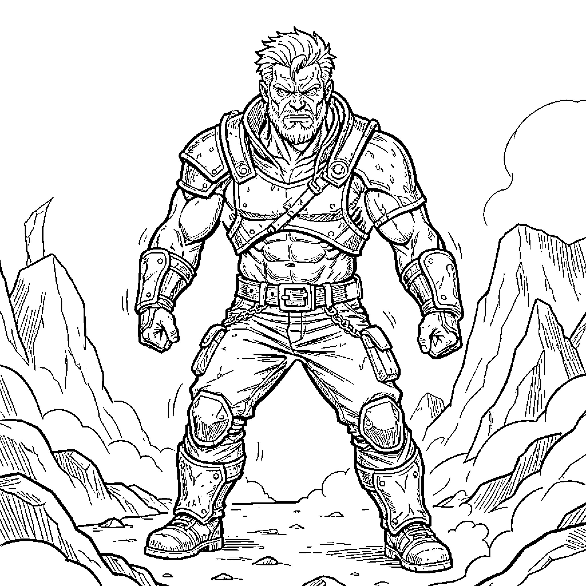 Badass muscular warrior standing in a rugged landscape Coloring Page (free black-and-white line drawing printable PDF for all, from beginners to advanced learners, including children, teens, adults, and seniors)