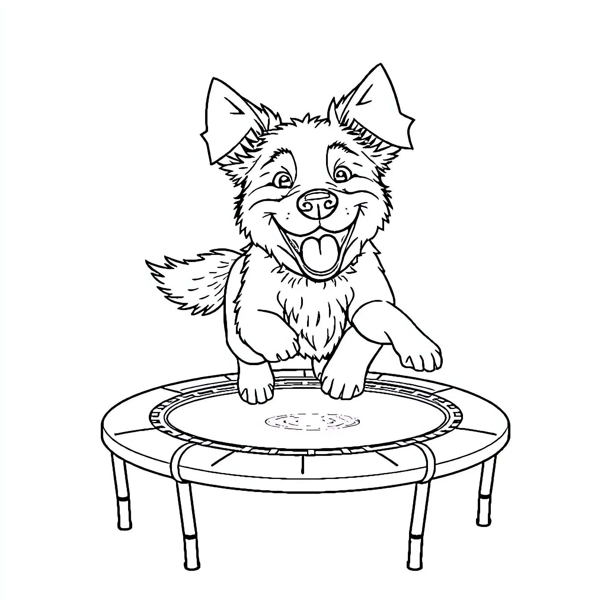 Dog happily jumping on trampoline Coloring Page (free black-and-white line drawing printable PDF for all, from beginners to advanced learners, including children, teens, adults, and seniors)