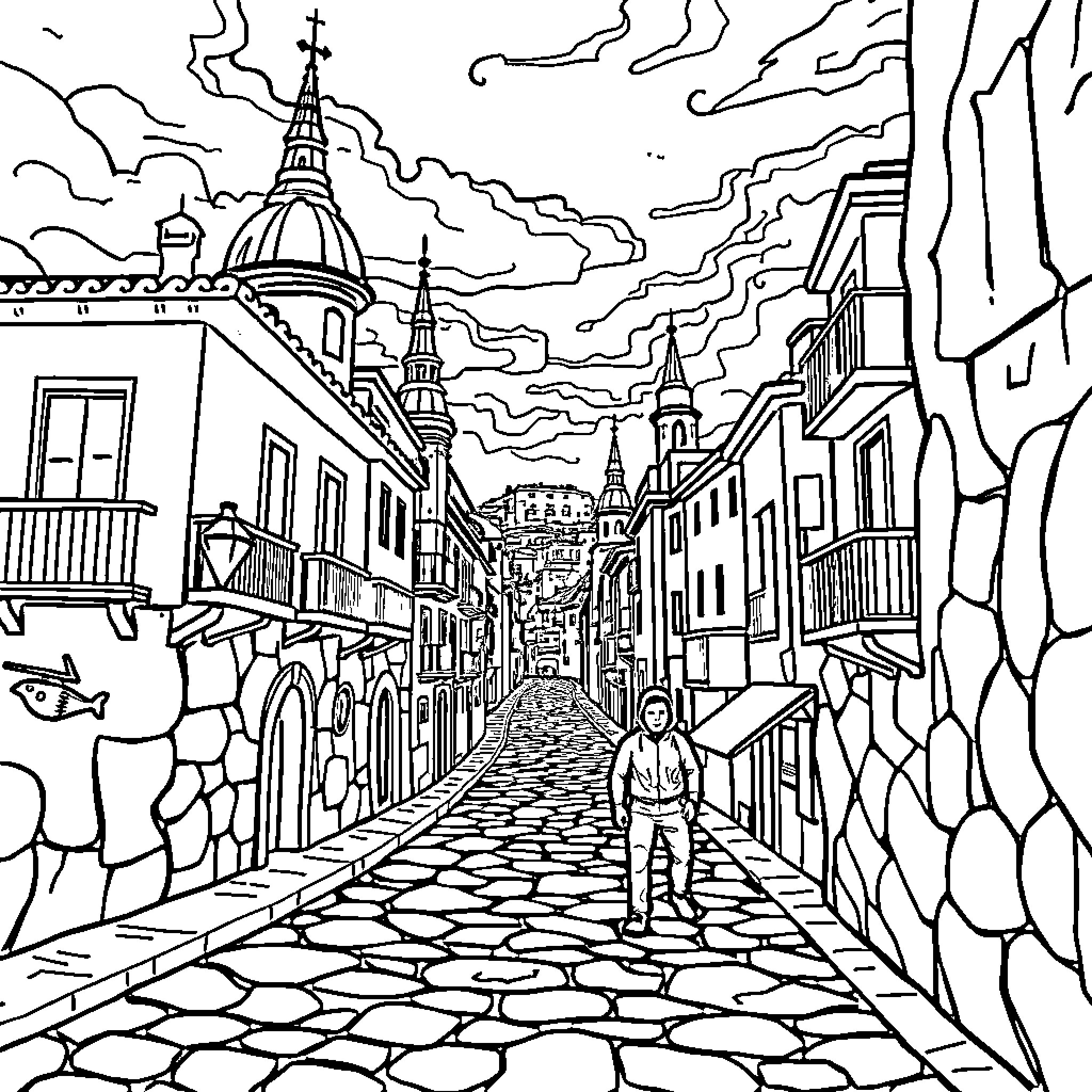 Huntrix Explores the Historic City Streets Coloring Page (free black-and-white line drawing printable PDF for all, from beginners to advanced learners, including children, teens, adults, and seniors)