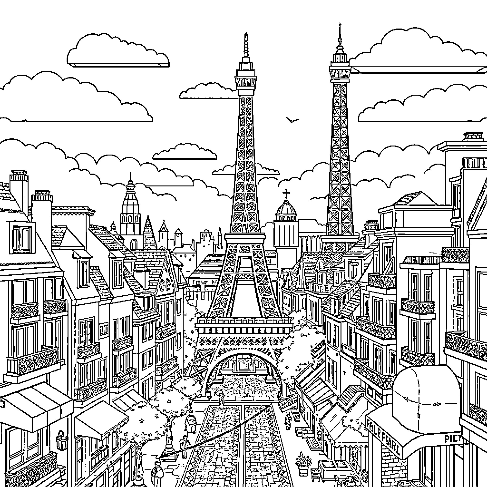 Minecraft Cityscape with Iconic Parisian Landmarks Coloring Page (free black-and-white line drawing printable PDF for all, from beginners to advanced learners, including children, teens, adults, and seniors)