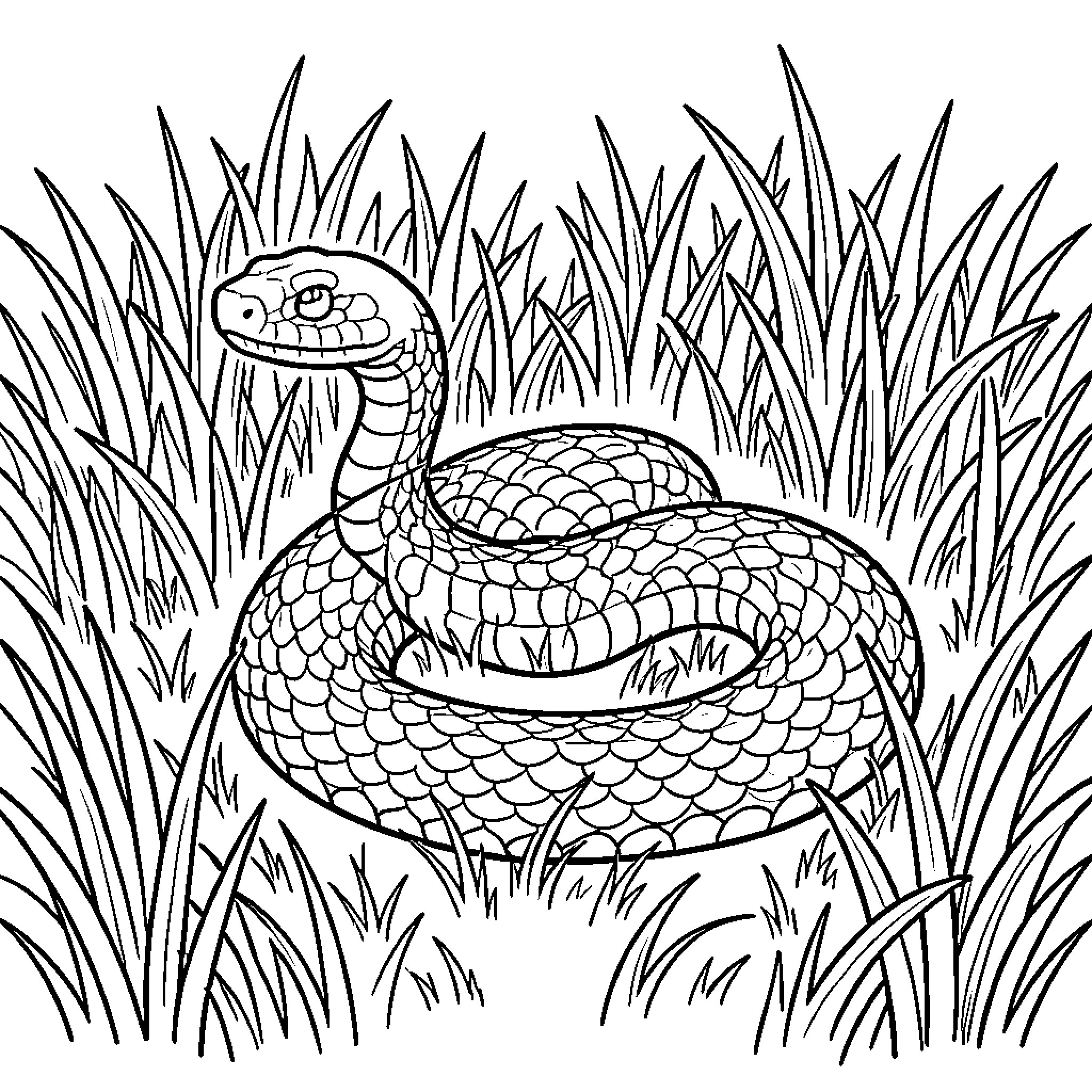 Snake coiled in tall grass Coloring Page (free black-and-white line drawing printable PDF for all, from beginners to advanced learners, including children, teens, adults, and seniors)