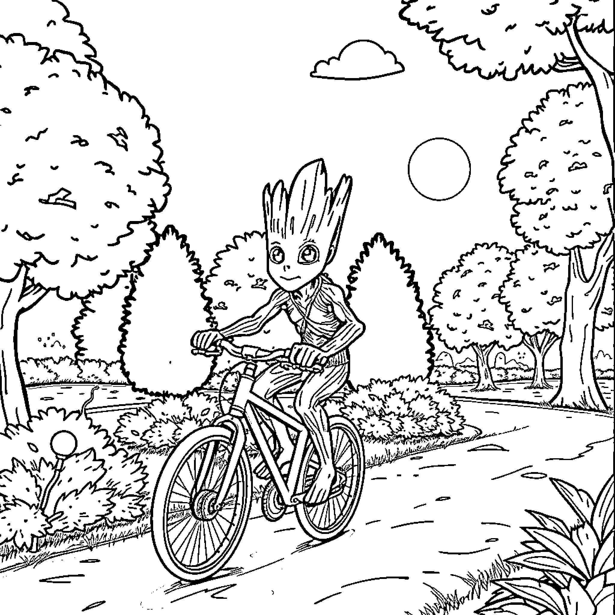 Groot riding a bicycle through a forest Coloring Page (free black-and-white line drawing printable PDF for all, from beginners to advanced learners, including children, teens, adults, and seniors)
