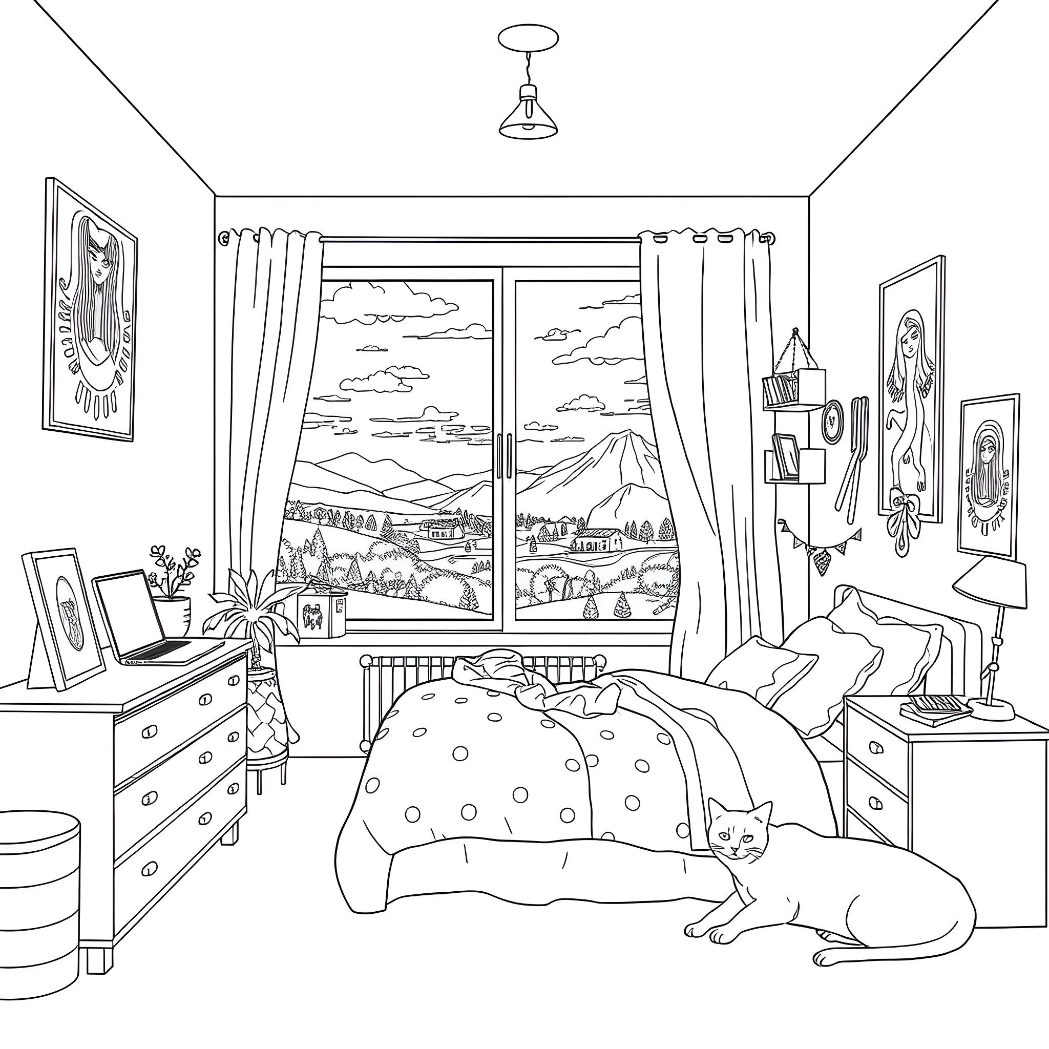 Cat relaxing in cozy bedroom with scenic view Coloring Page (free black-and-white line drawing printable PDF for all, from beginners to advanced learners, including children, teens, adults, and seniors)