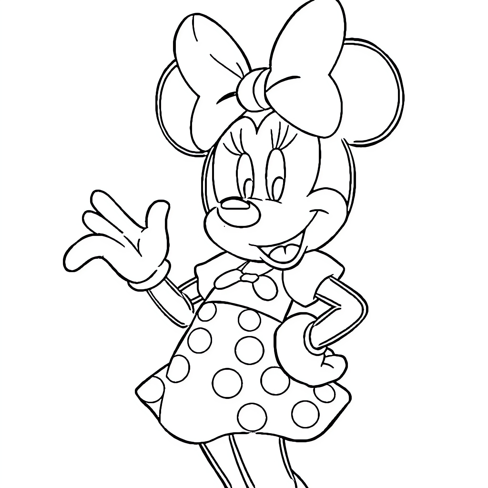 Minnie Mouse waving and smiling happily Coloring Page (free black-and-white line drawing printable PDF for all, from beginners to advanced learners, including children, teens, adults, and seniors)