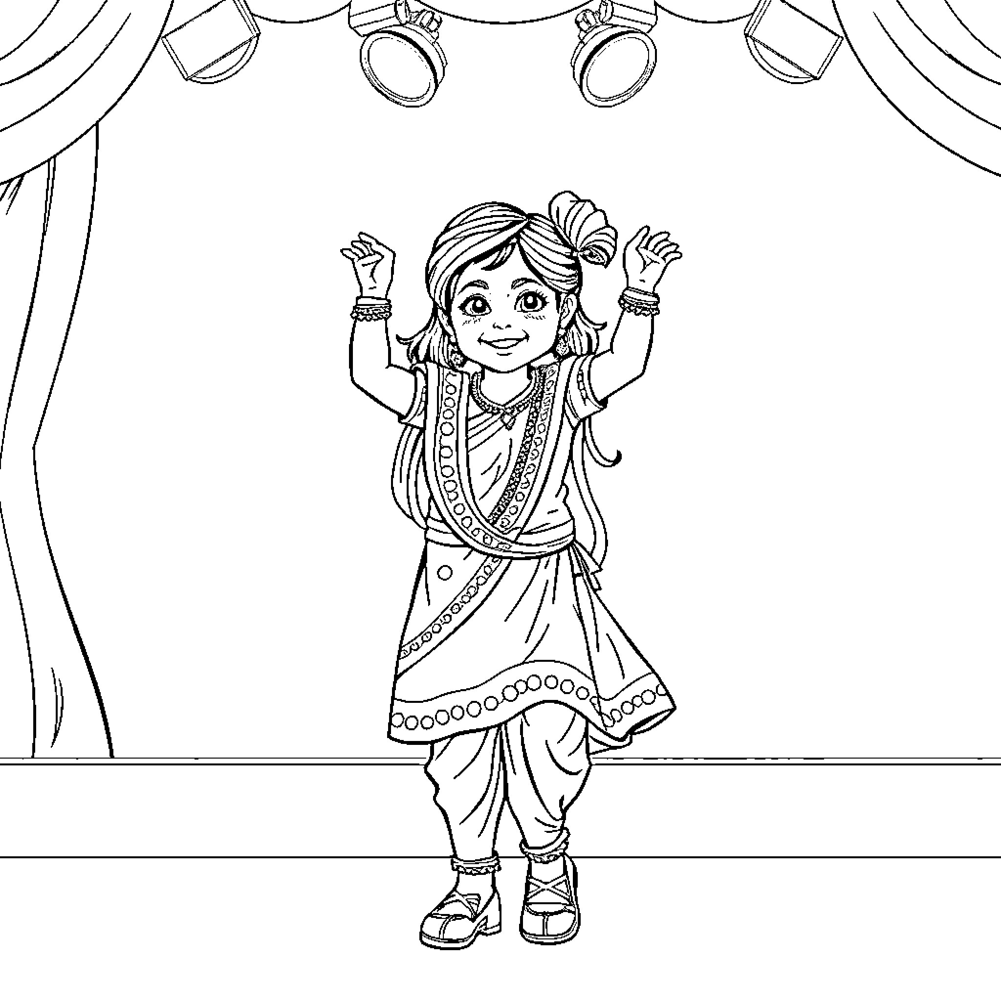 Girl performs happily on stage in traditional attire Coloring Page (free black-and-white line drawing printable PDF for all, from beginners to advanced learners, including children, teens, adults, and seniors)