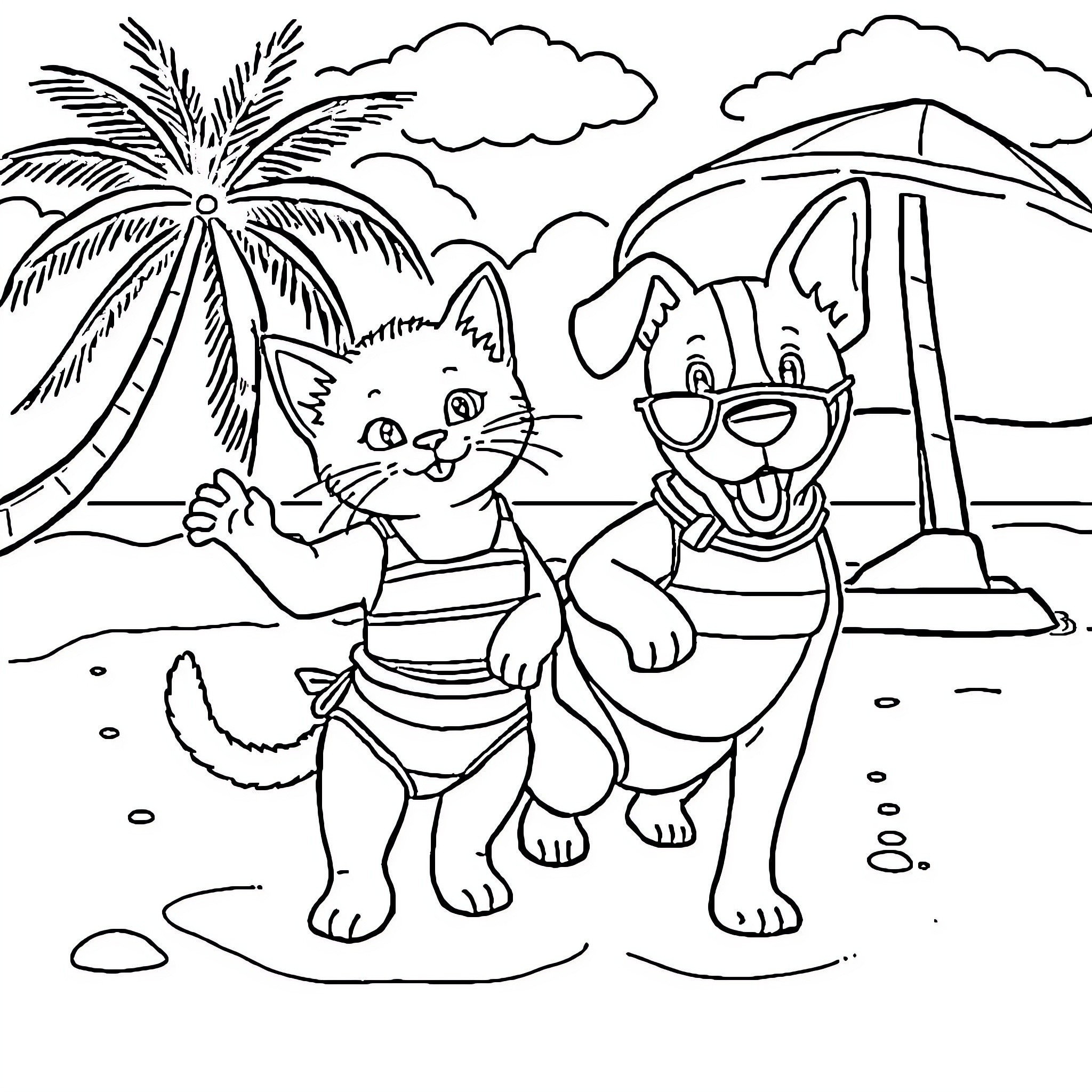 Kitty Friends Enjoying a Day at the Beach Coloring Page (free black-and-white line drawing printable PDF for all, from beginners to advanced learners, including children, teens, adults, and seniors)