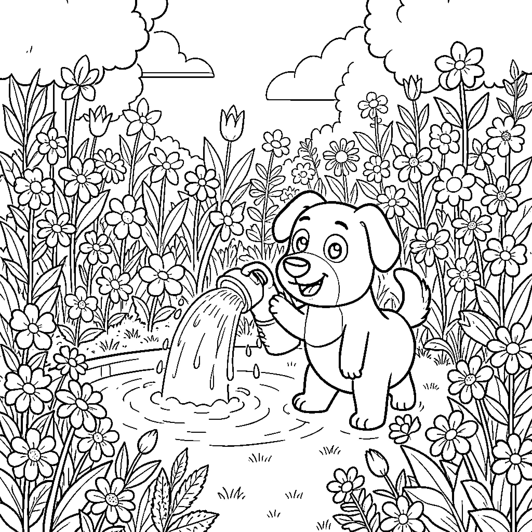 Bluey playing happily in the flower-filled garden Coloring Page (free black-and-white line drawing printable PDF for all, from beginners to advanced learners, including children, teens, adults, and seniors)