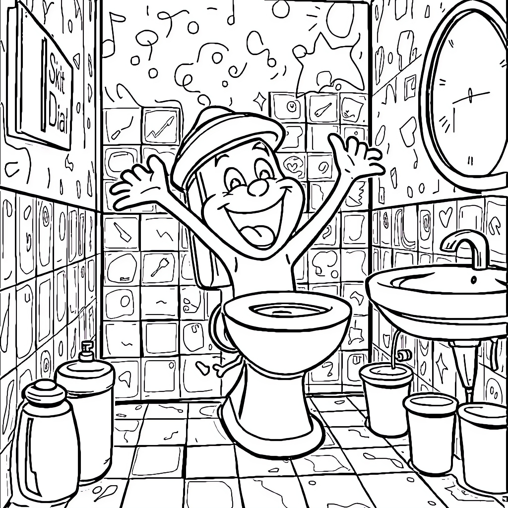 Skibidi Toilet: Energetic Character in Chaotic Bathroom Coloring Page (free black-and-white line drawing printable PDF for all, from beginners to advanced learners, including children, teens, adults, and seniors)