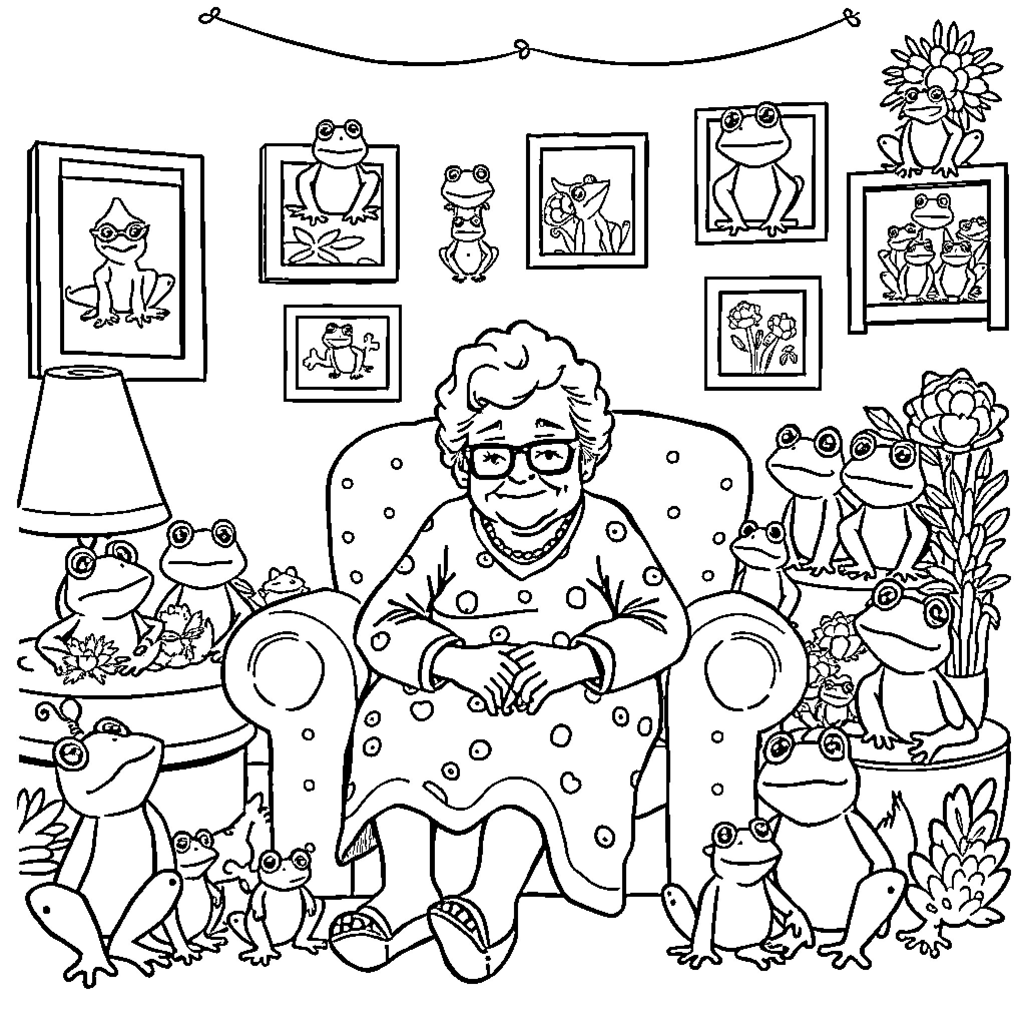 Grandma surrounded by her frog figurine collection Coloring Page (free black-and-white line drawing printable PDF for all, from beginners to advanced learners, including children, teens, adults, and seniors)