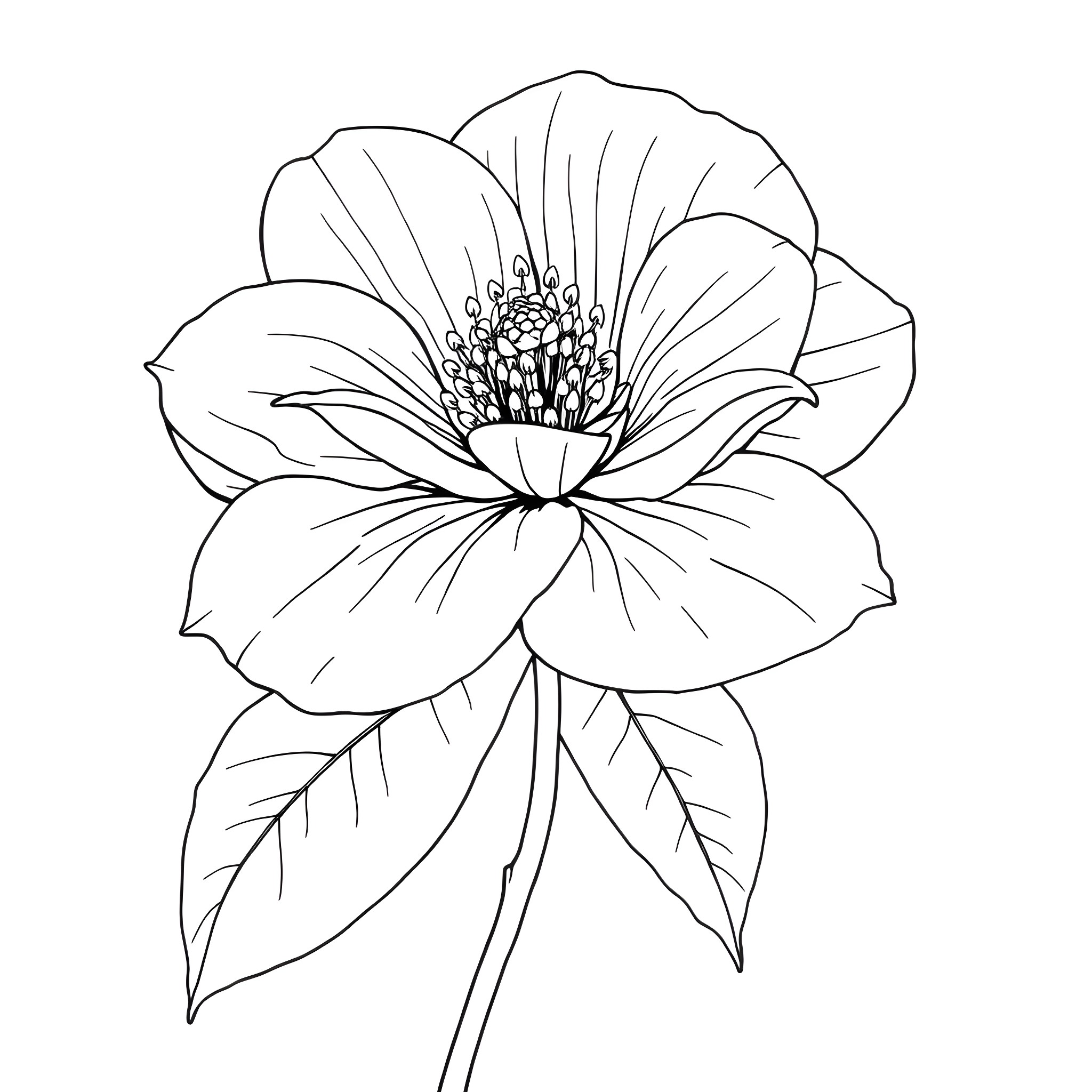 Camellia flower in black and white line art Coloring Page (free black-and-white line drawing printable PDF for all, from beginners to advanced learners, including children, teens, adults, and seniors)