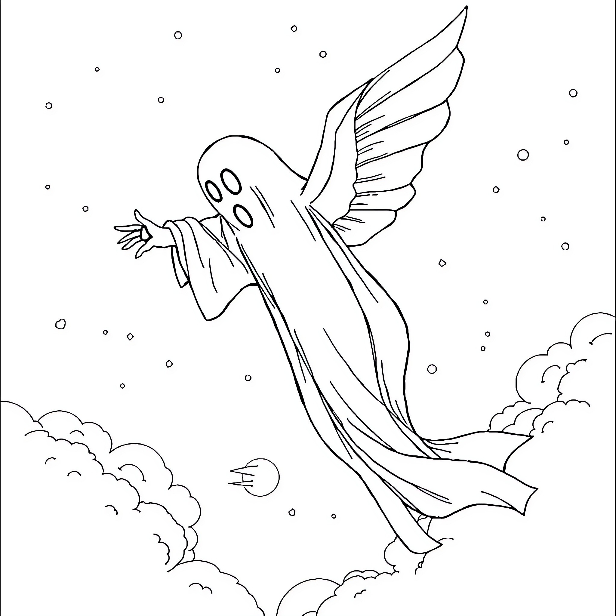 Phantom Ethereal Angel in Ethereal Realm Coloring Page (free black-and-white line drawing printable PDF for all, from beginners to advanced learners, including children, teens, adults, and seniors)
