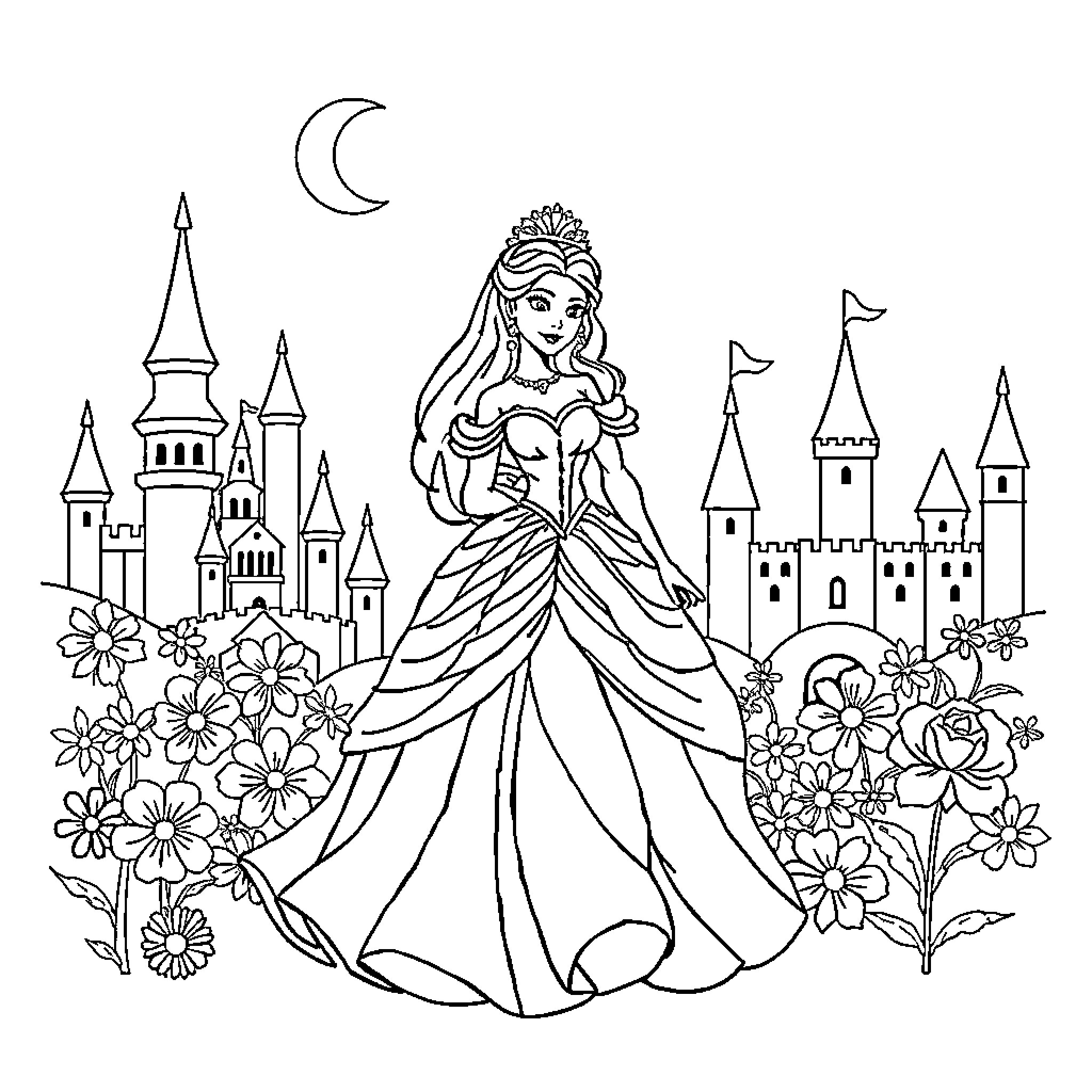 Princess in a Regal Dress Surrounded by a Magical Castle Coloring Page (free black-and-white line drawing printable PDF for all, from beginners to advanced learners, including children, teens, adults, and seniors)