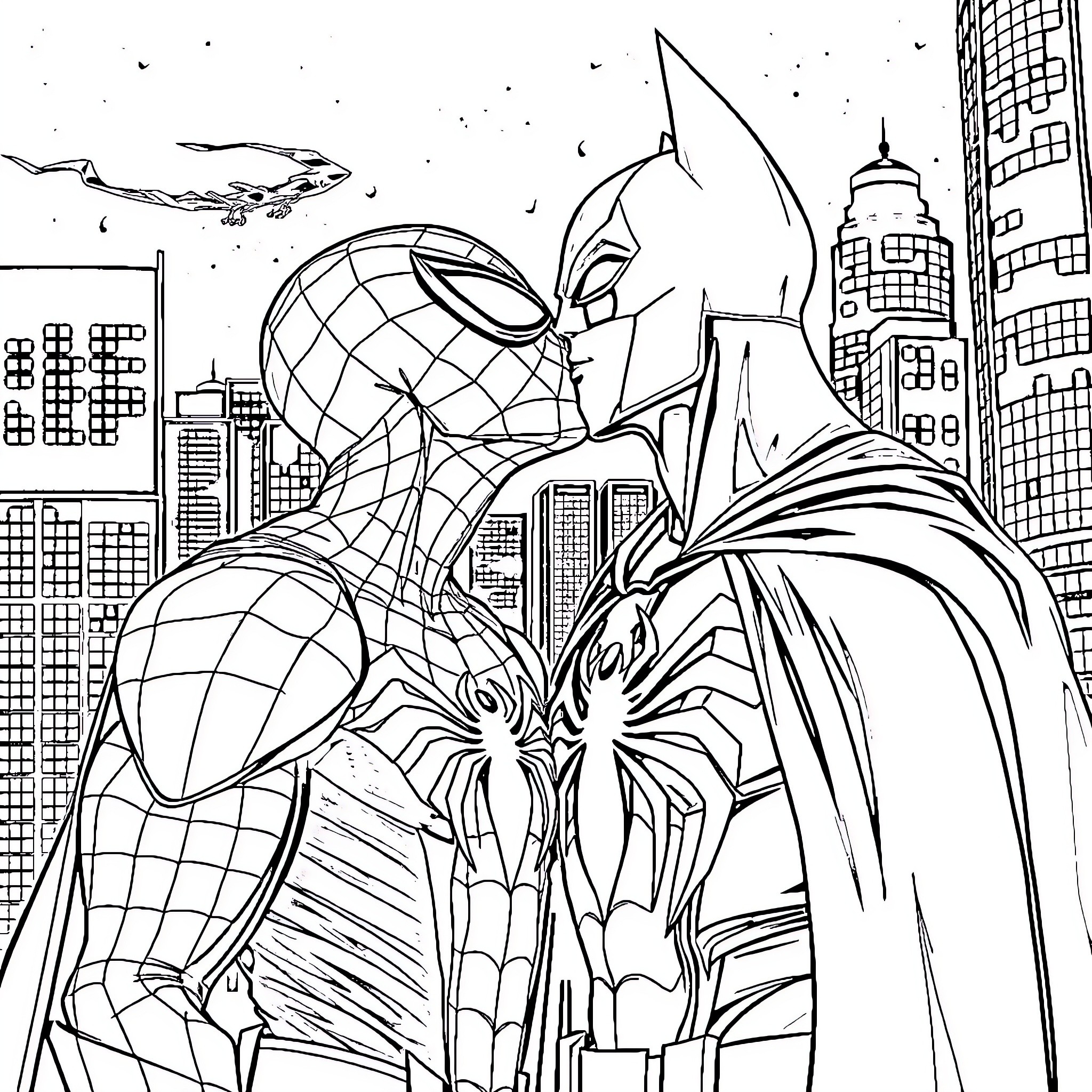 Spider-Man teaming up with Batman in the city Coloring Page (free black-and-white line drawing printable PDF for all, from beginners to advanced learners, including children, teens, adults, and seniors)