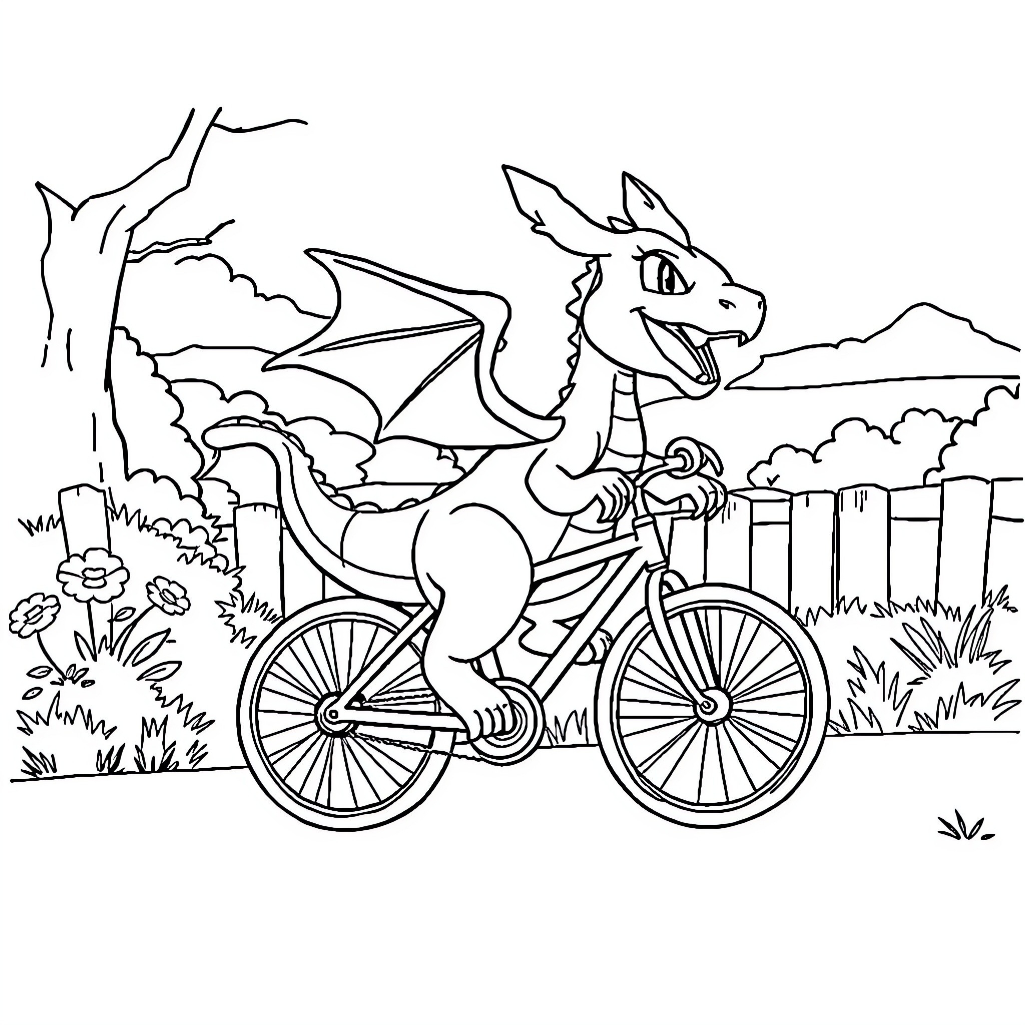 Pokémon Dragon riding a bicycle in a scenic outdoor setting Coloring Page (free black-and-white line drawing printable PDF for all, from beginners to advanced learners, including children, teens, adults, and seniors)