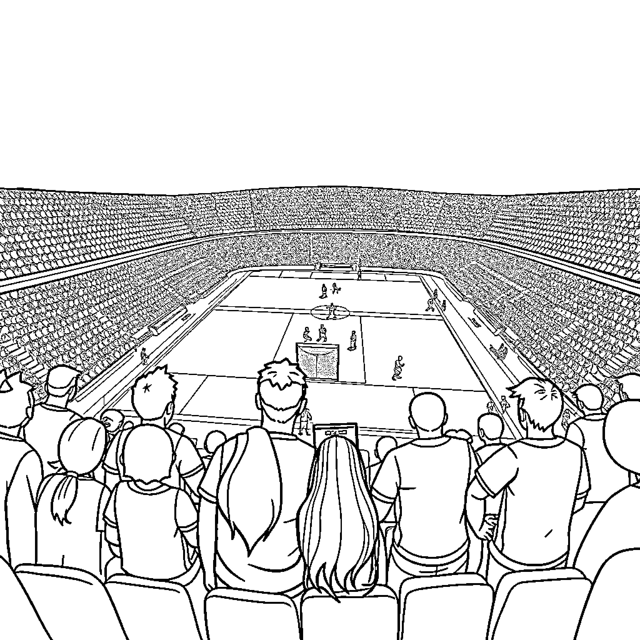 Estadio: Spectators Watching a Match Coloring Page (free black-and-white line drawing printable PDF for all, from beginners to advanced learners, including children, teens, adults, and seniors)