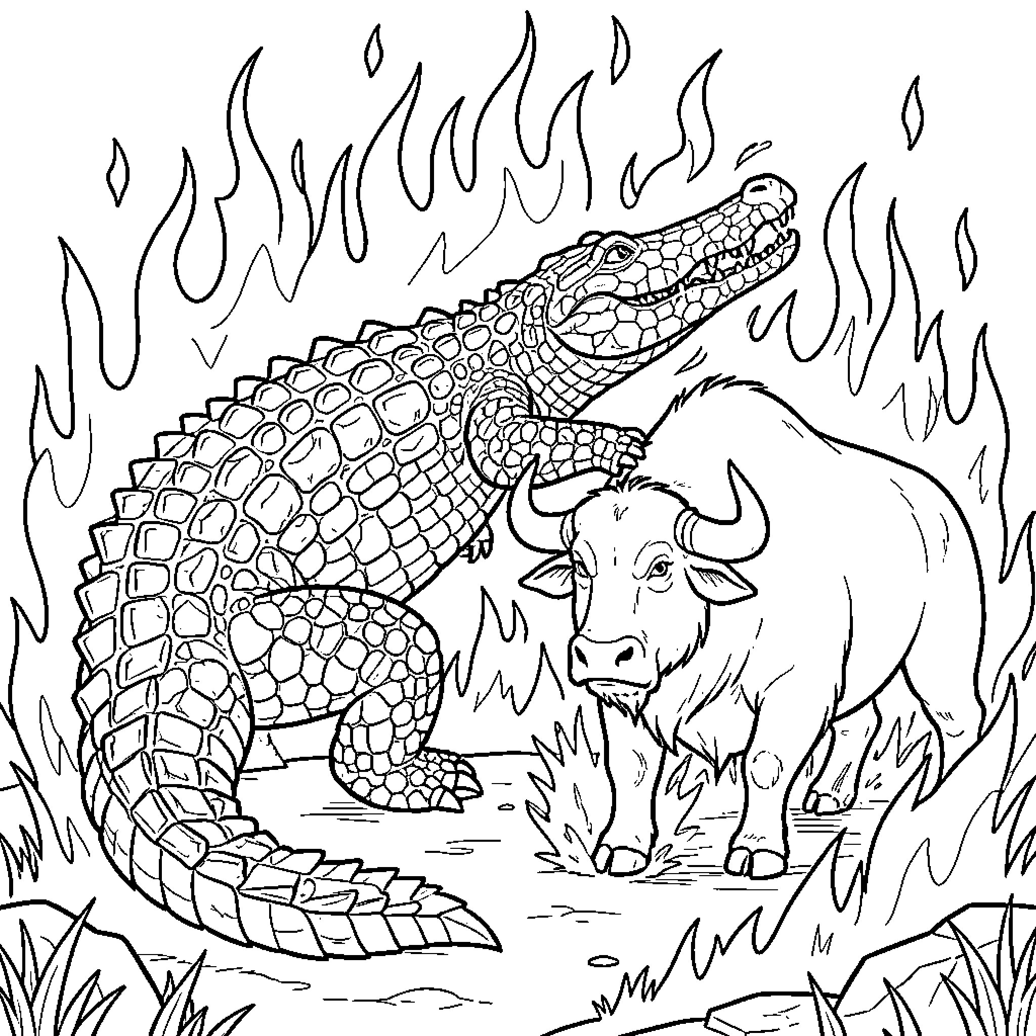 Crocodile battling a large bull amidst rising flames Coloring Page (free black-and-white line drawing printable PDF for all, from beginners to advanced learners, including children, teens, adults, and seniors)