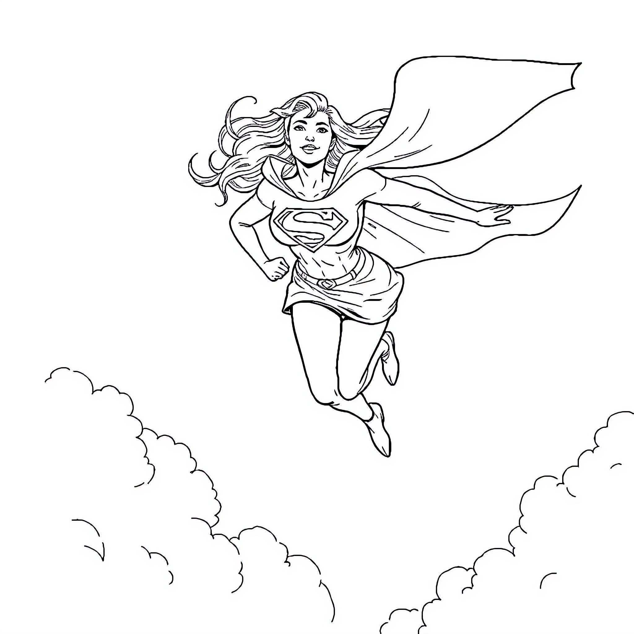 Supergirl soaring through the clouds Coloring Page (free black-and-white line drawing printable PDF for all, from beginners to advanced learners, including children, teens, adults, and seniors)