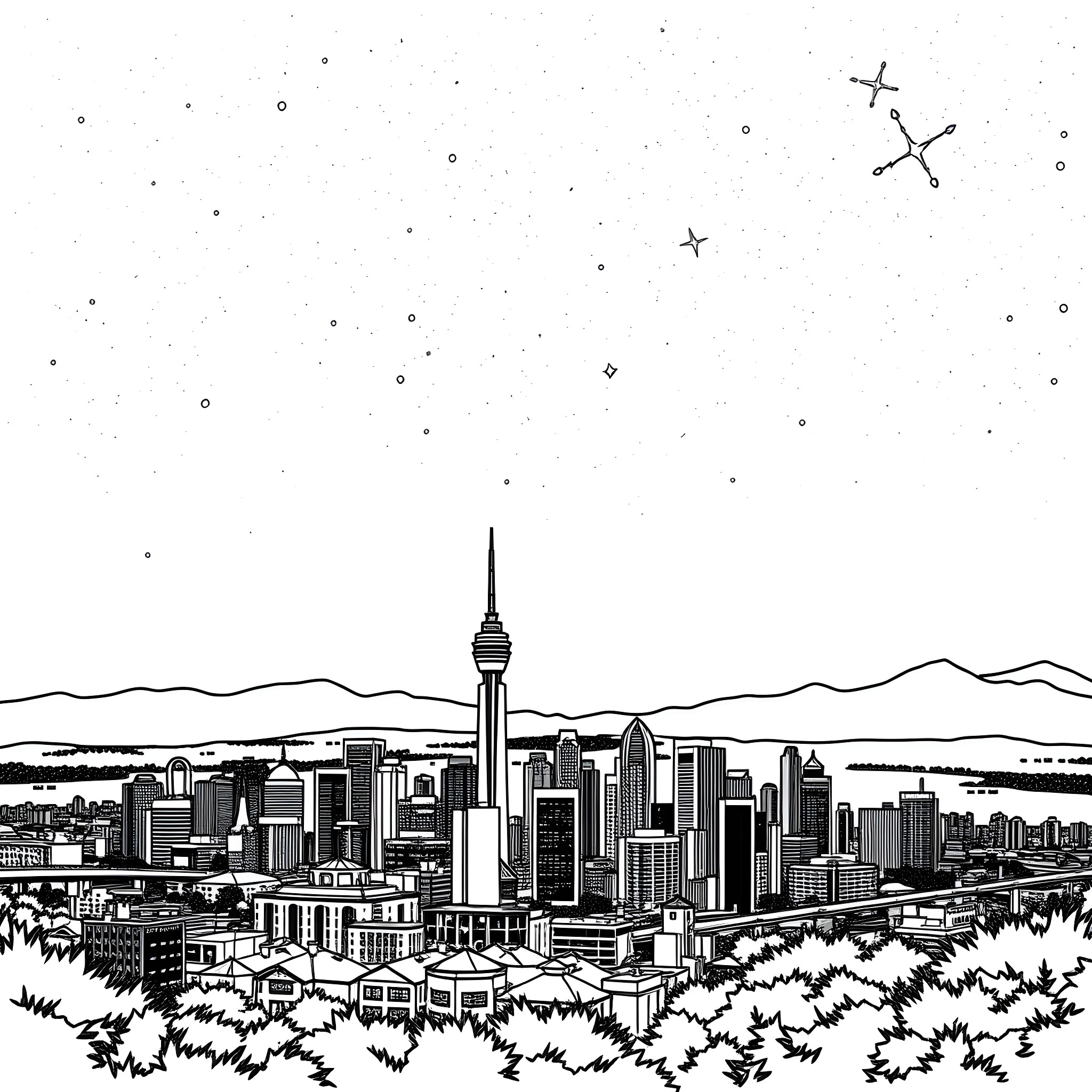 Pleiades constellation over the city skyline Coloring Page (free black-and-white line drawing printable PDF for all, from beginners to advanced learners, including children, teens, adults, and seniors)