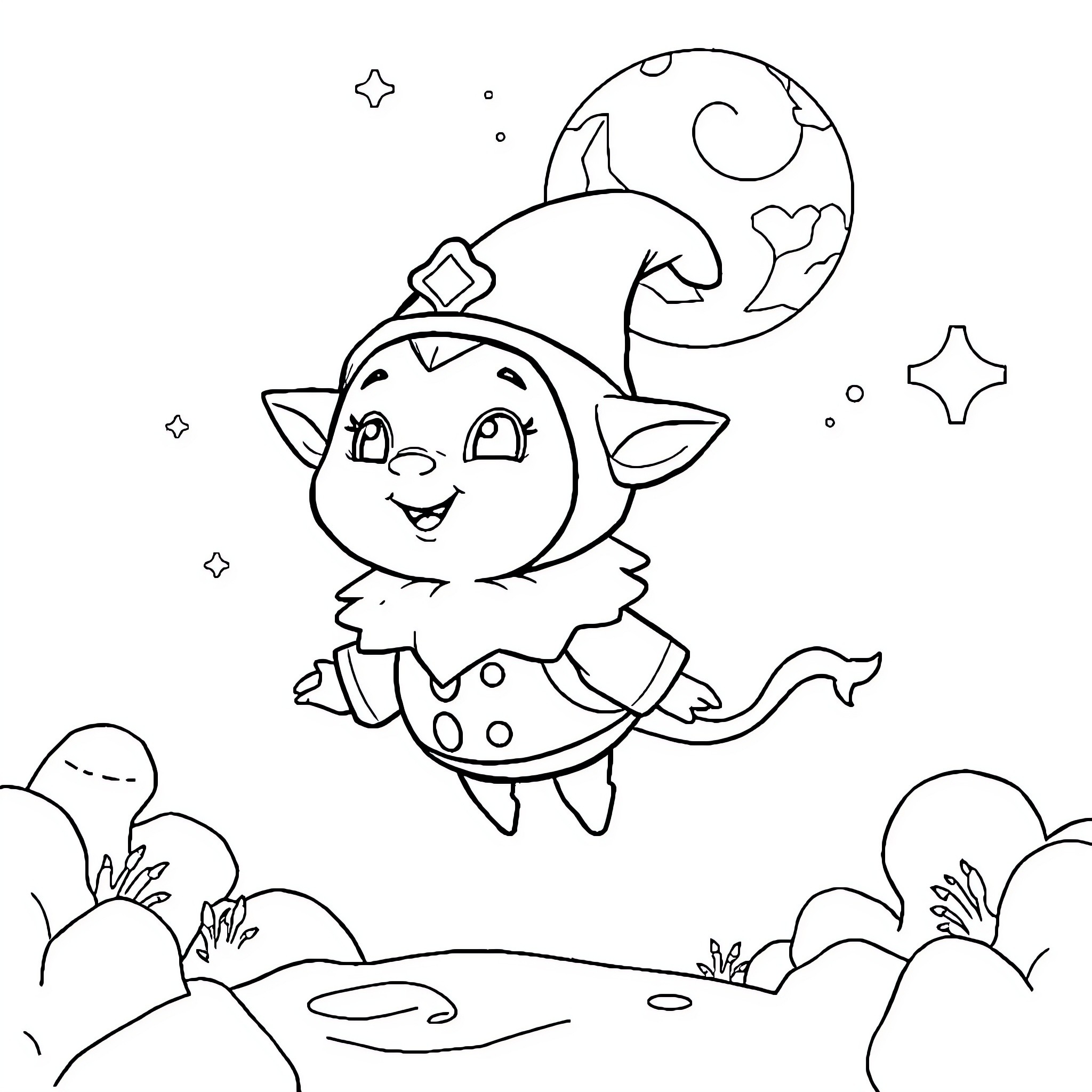 Paimon Happily Frolicking in the Moonlit Landscape Coloring Page (free black-and-white line drawing printable PDF for all, from beginners to advanced learners, including children, teens, adults, and seniors)