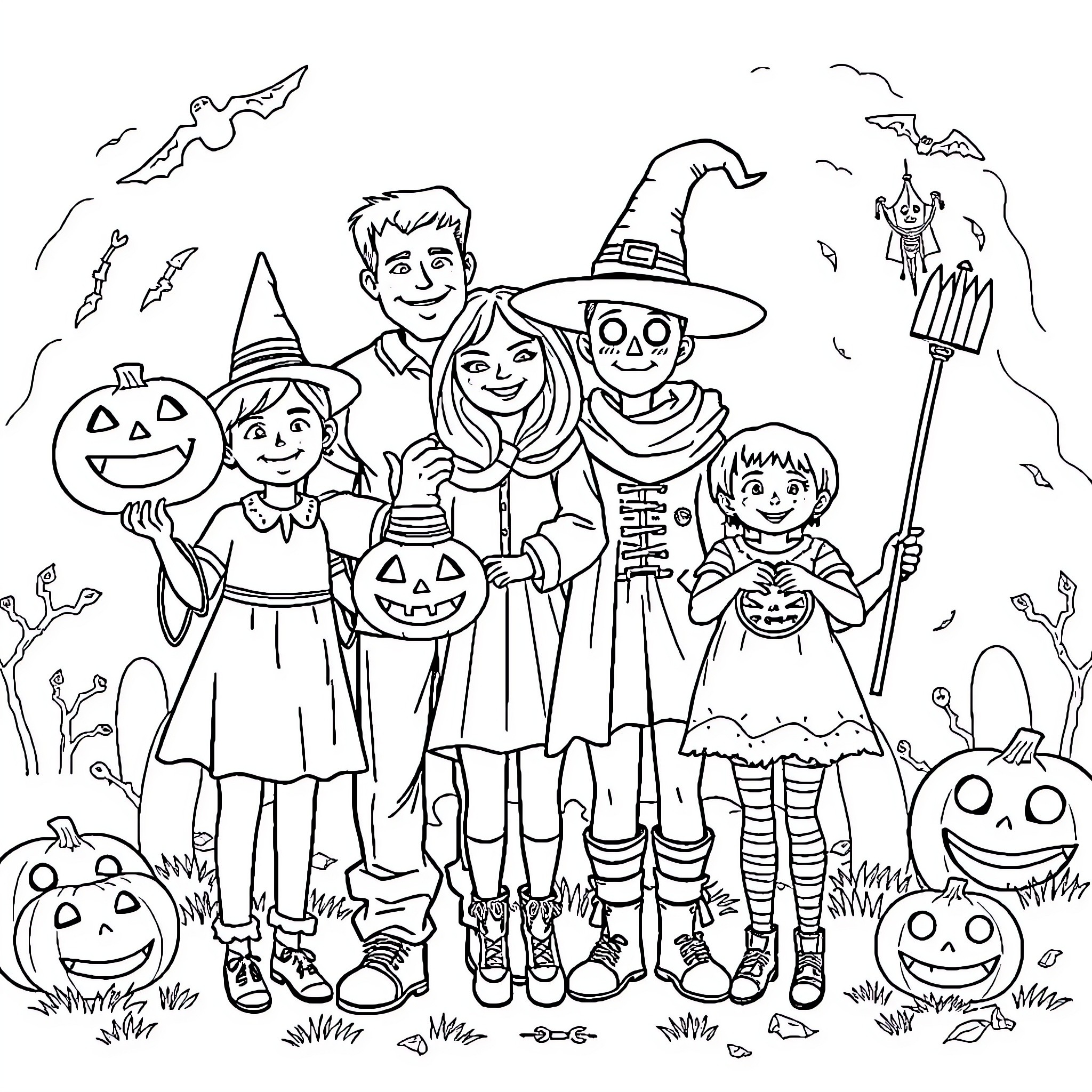 Family Enjoying Festive Halloween Costumes and Celebrations Coloring Page (free black-and-white line drawing printable PDF for all, from beginners to advanced learners, including children, teens, adults, and seniors)