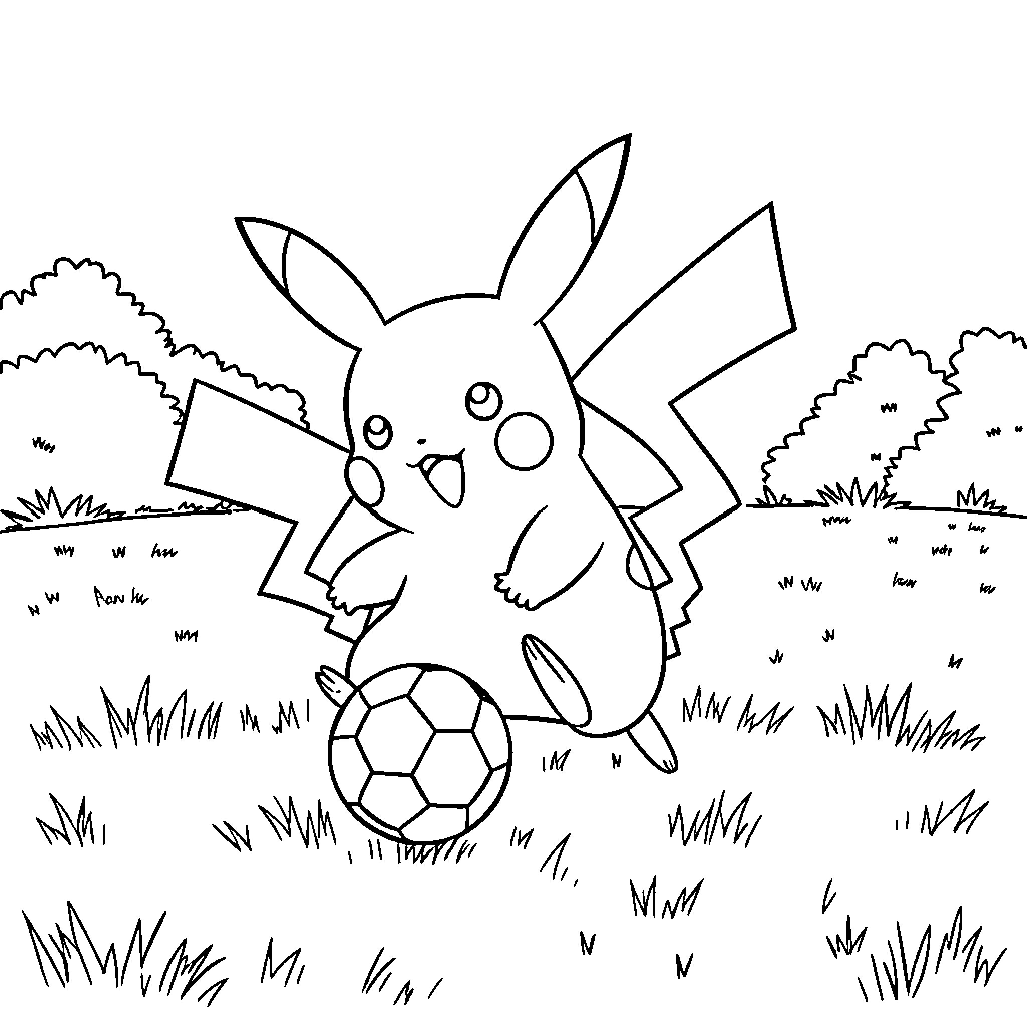 Pikachu playing soccer in a grassy field Coloring Page (free black-and-white line drawing printable PDF for all, from beginners to advanced learners, including children, teens, adults, and seniors)