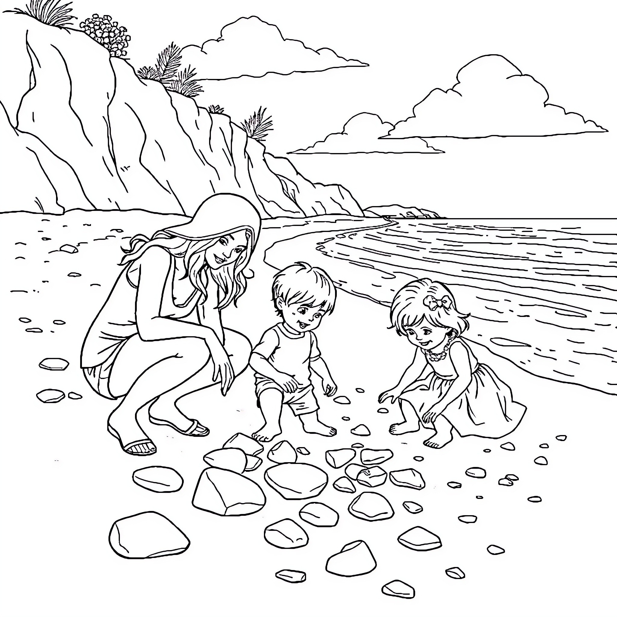 Family enjoying a peaceful day at the beach Coloring Page (free black-and-white line drawing printable PDF for all, from beginners to advanced learners, including children, teens, adults, and seniors)
