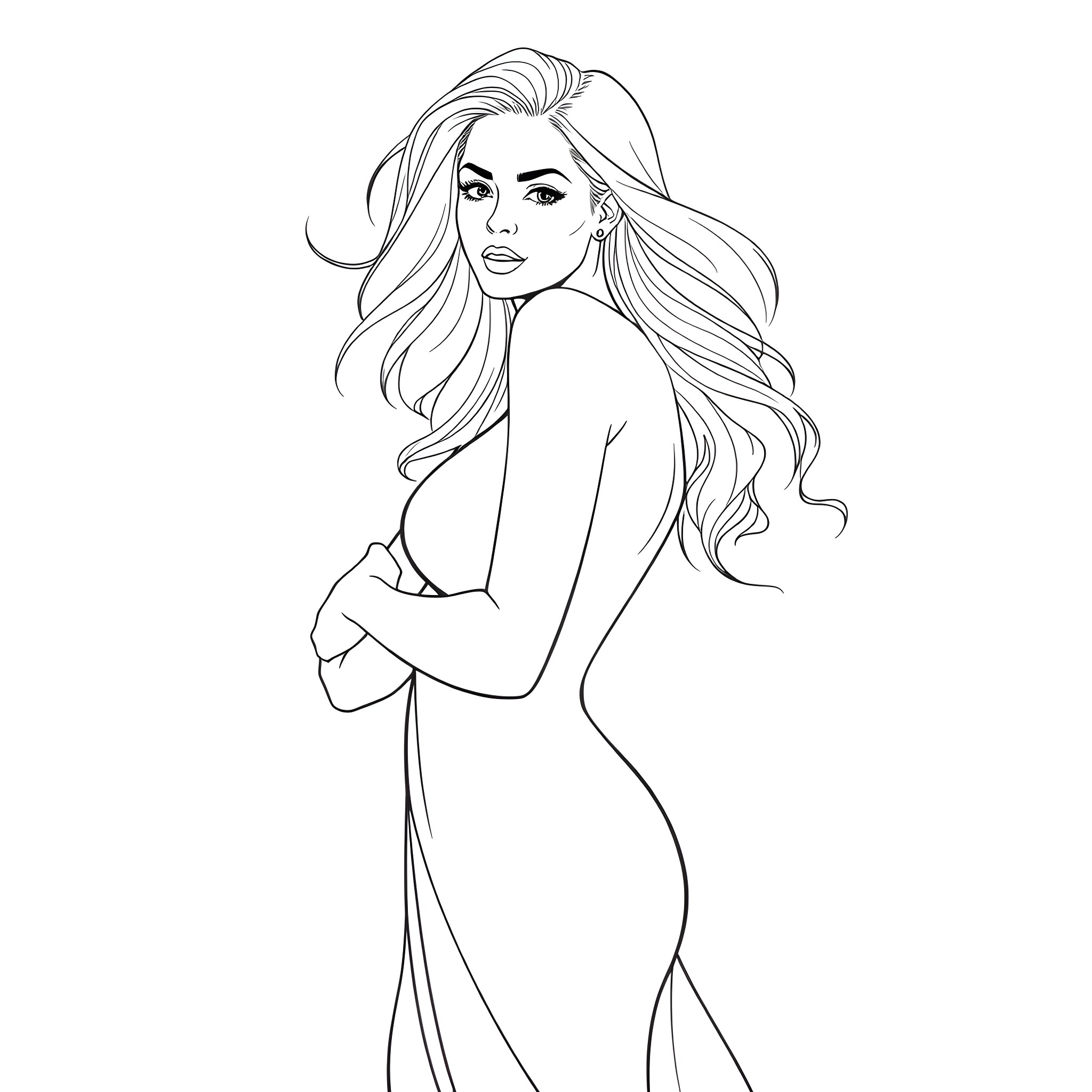 Lady with Long Flowing Hair in Elegant Pose Coloring Page (free black-and-white line drawing printable PDF for all, from beginners to advanced learners, including children, teens, adults, and seniors)