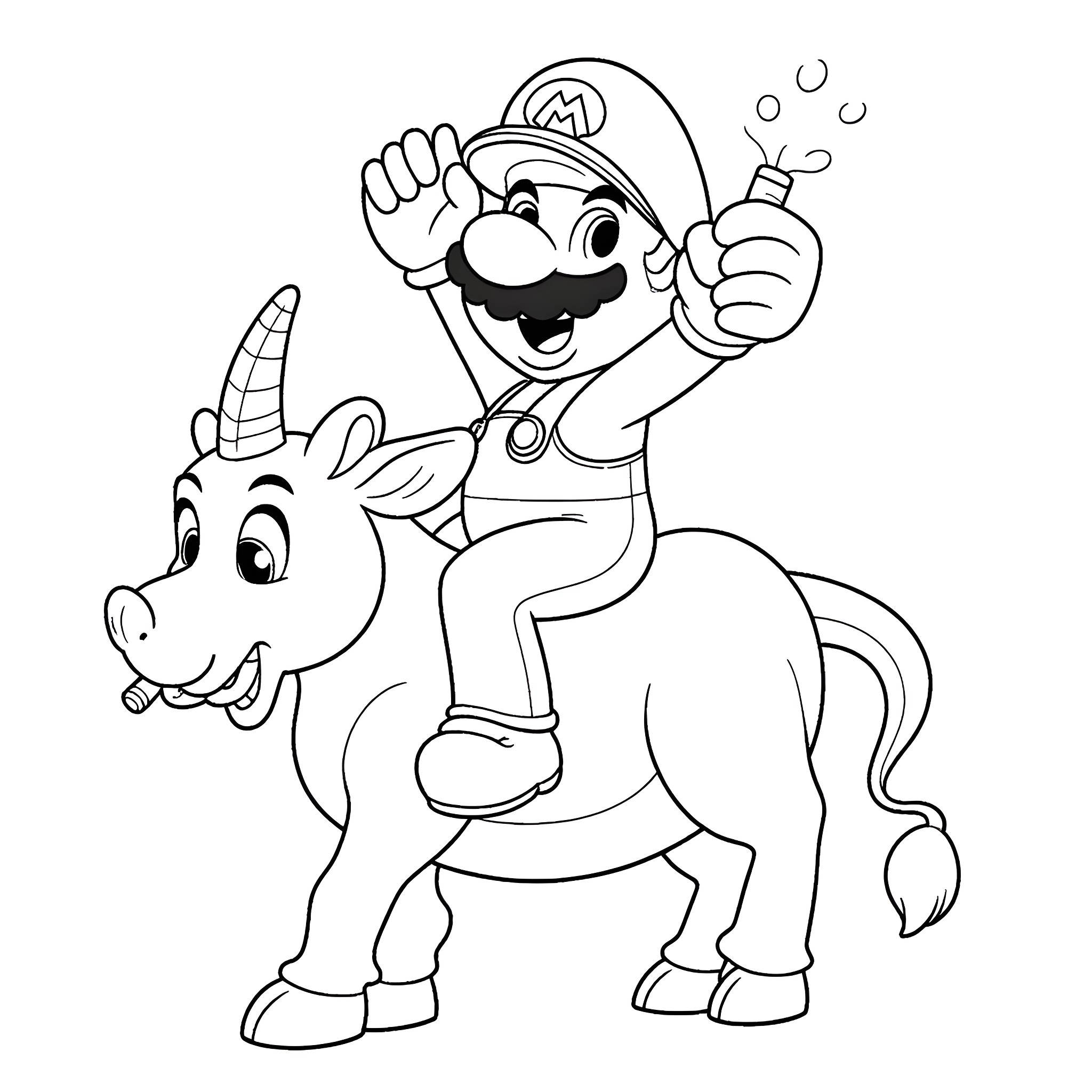 Super Mario riding a unicorn and blowing bubbles Coloring Page (free black-and-white line drawing printable PDF for all, from beginners to advanced learners, including children, teens, adults, and seniors)