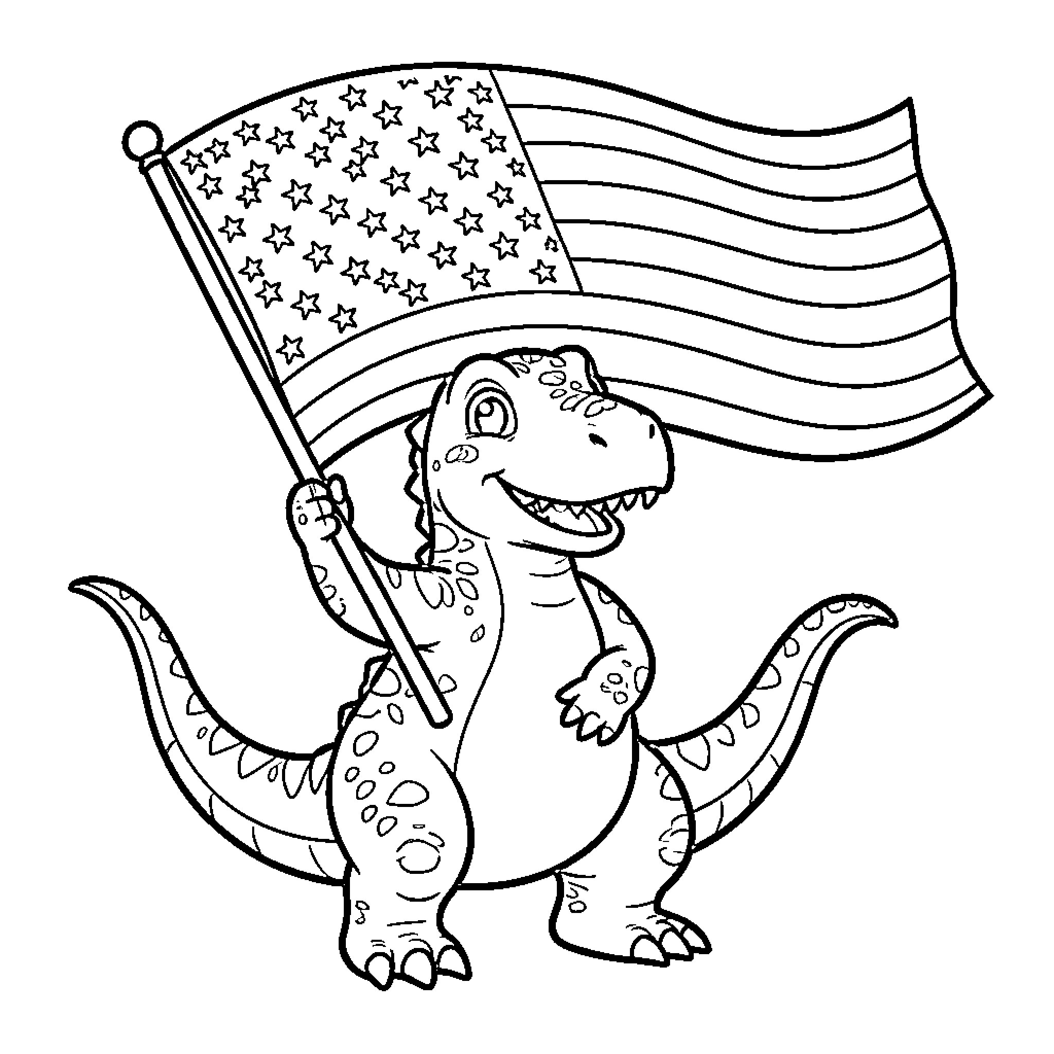 Dinosaur holding an American flag Coloring Page (free black-and-white line drawing printable PDF for all, from beginners to advanced learners, including children, teens, adults, and seniors)