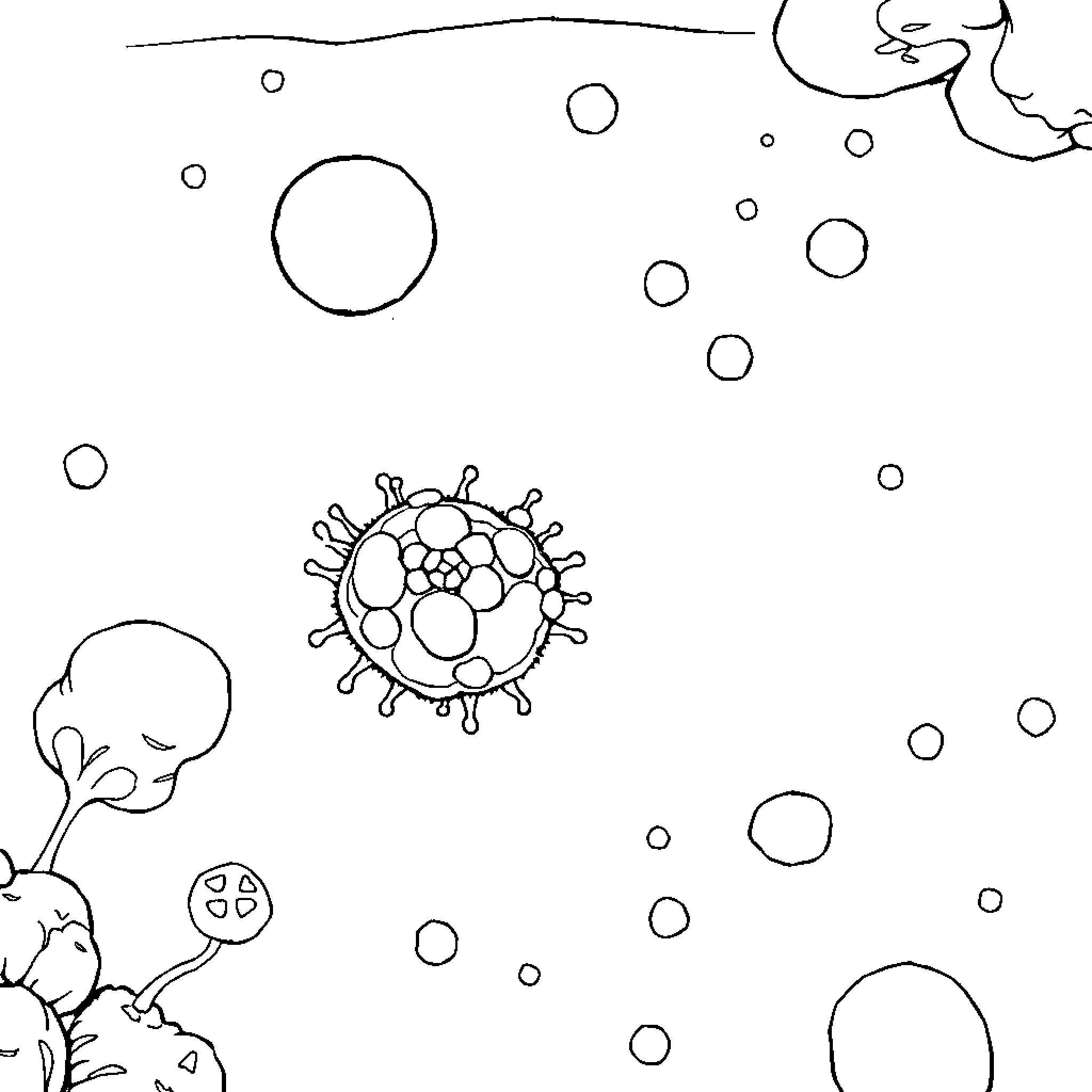 Cyanobacteria floating in aquatic environment Coloring Page (free black-and-white line drawing printable PDF for all, from beginners to advanced learners, including children, teens, adults, and seniors)