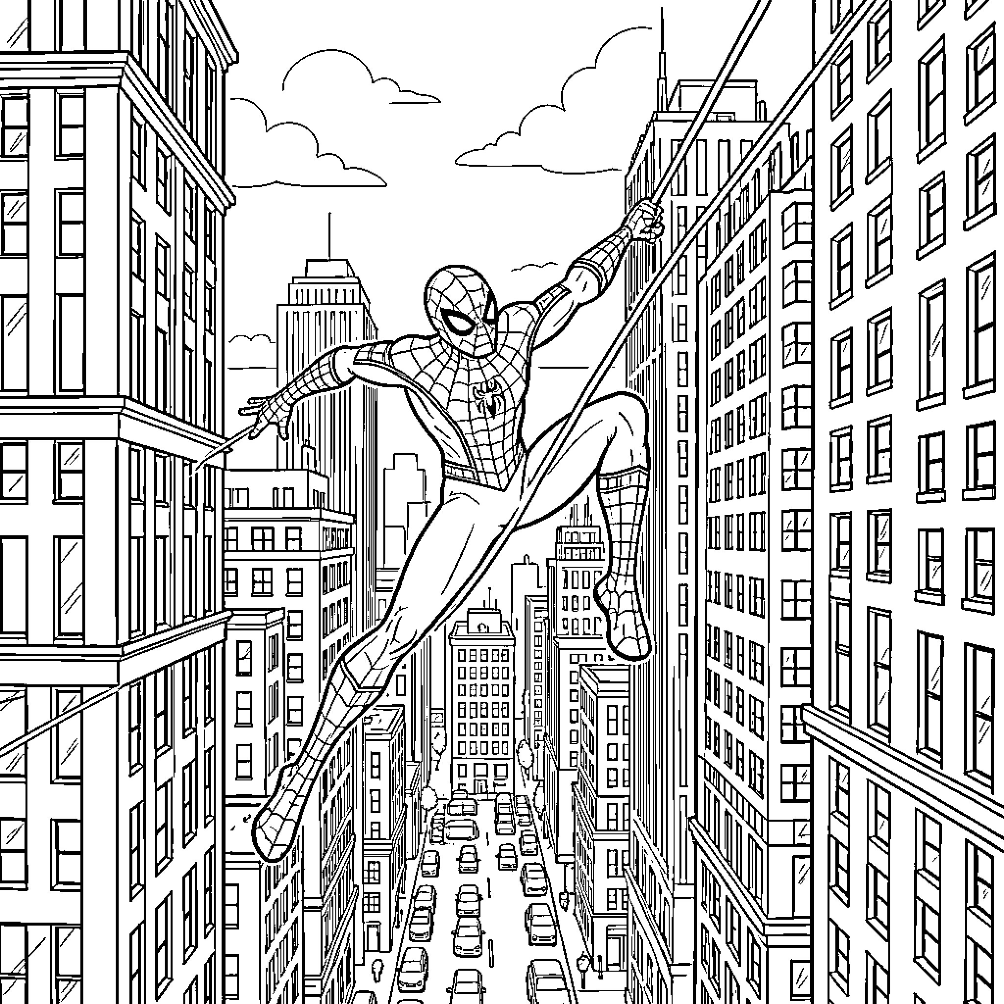 Spiderman swinging through a busy city street Coloring Page (free black-and-white line drawing printable PDF for all, from beginners to advanced learners, including children, teens, adults, and seniors)